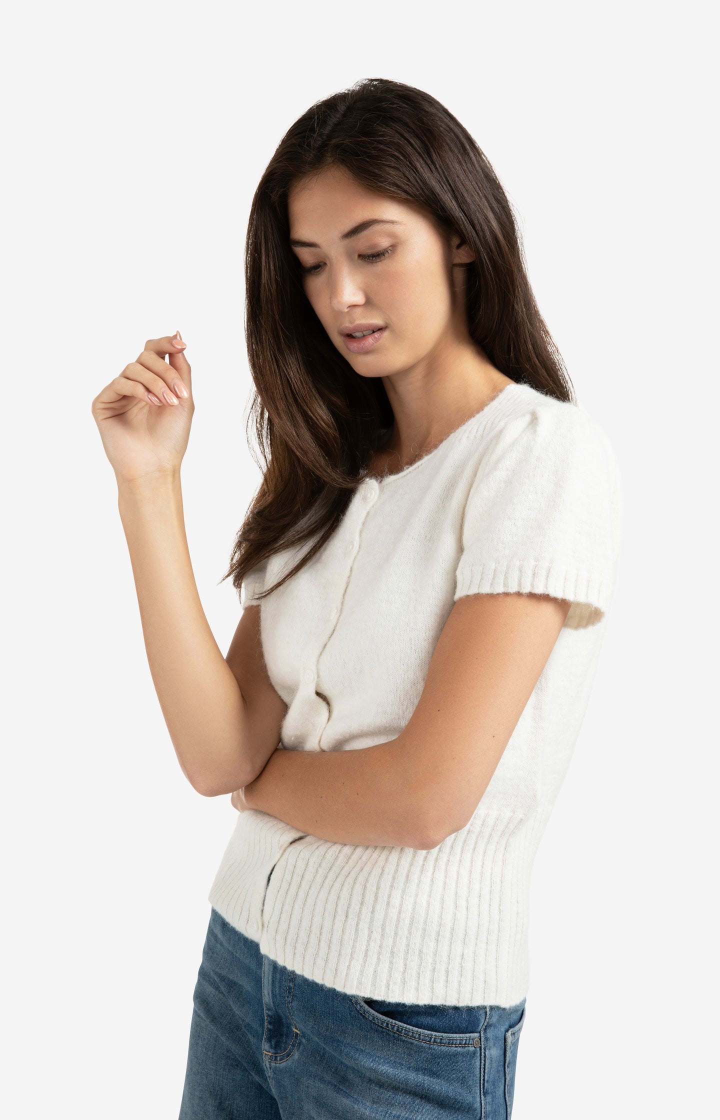 Knitted short sleeve cardigan with rib accents