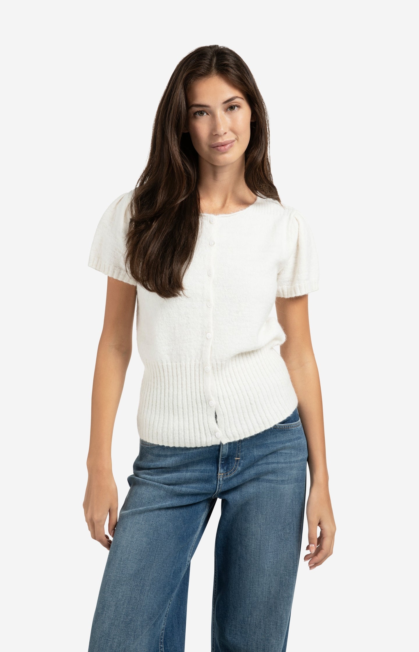 Knitted short sleeve cardigan with rib accents