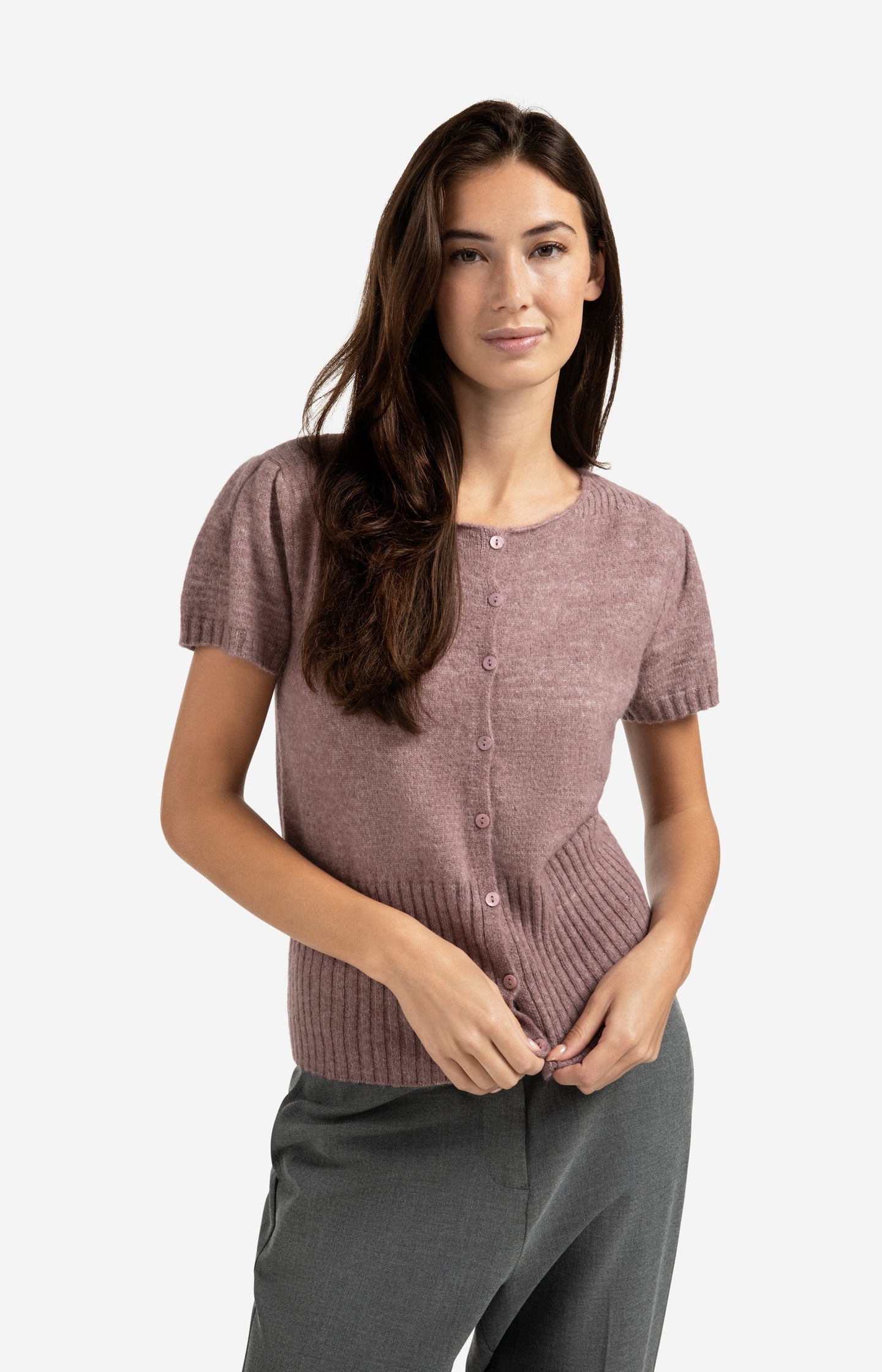Knitted short sleeve cardigan with rib accents