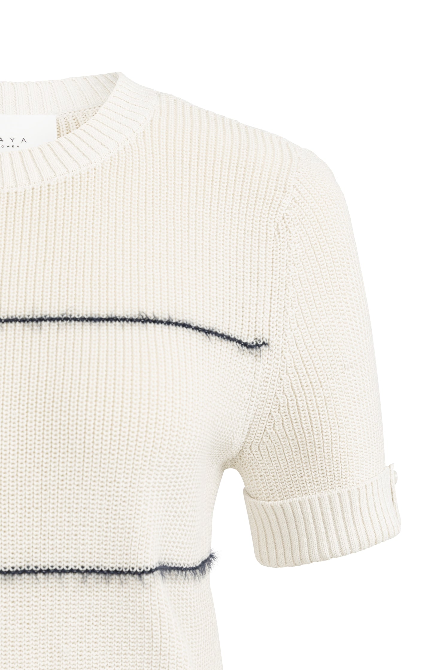 Knitted short sleeve sweater with fuzzy stripes