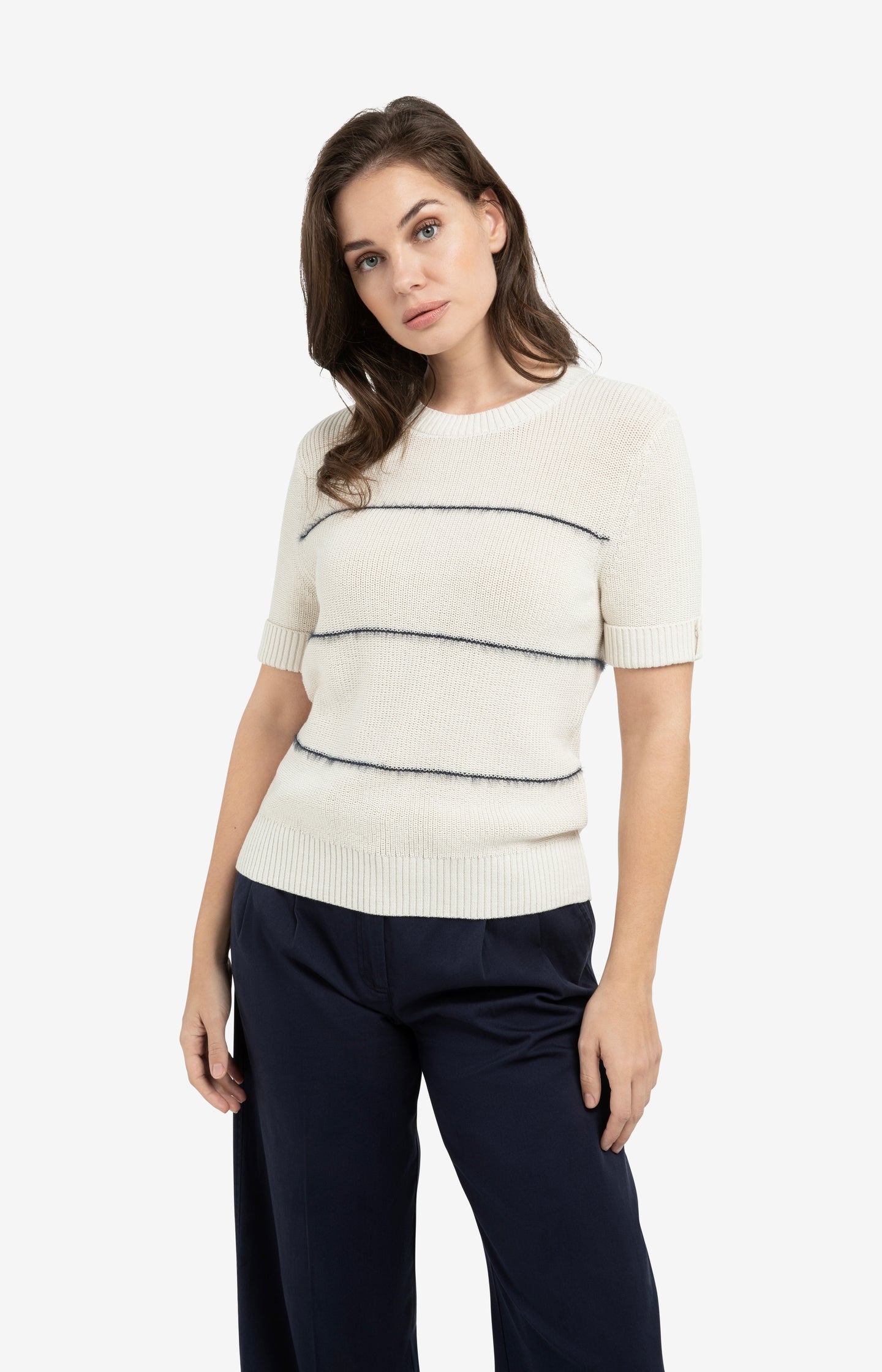 Knitted short sleeve sweater with fuzzy stripes