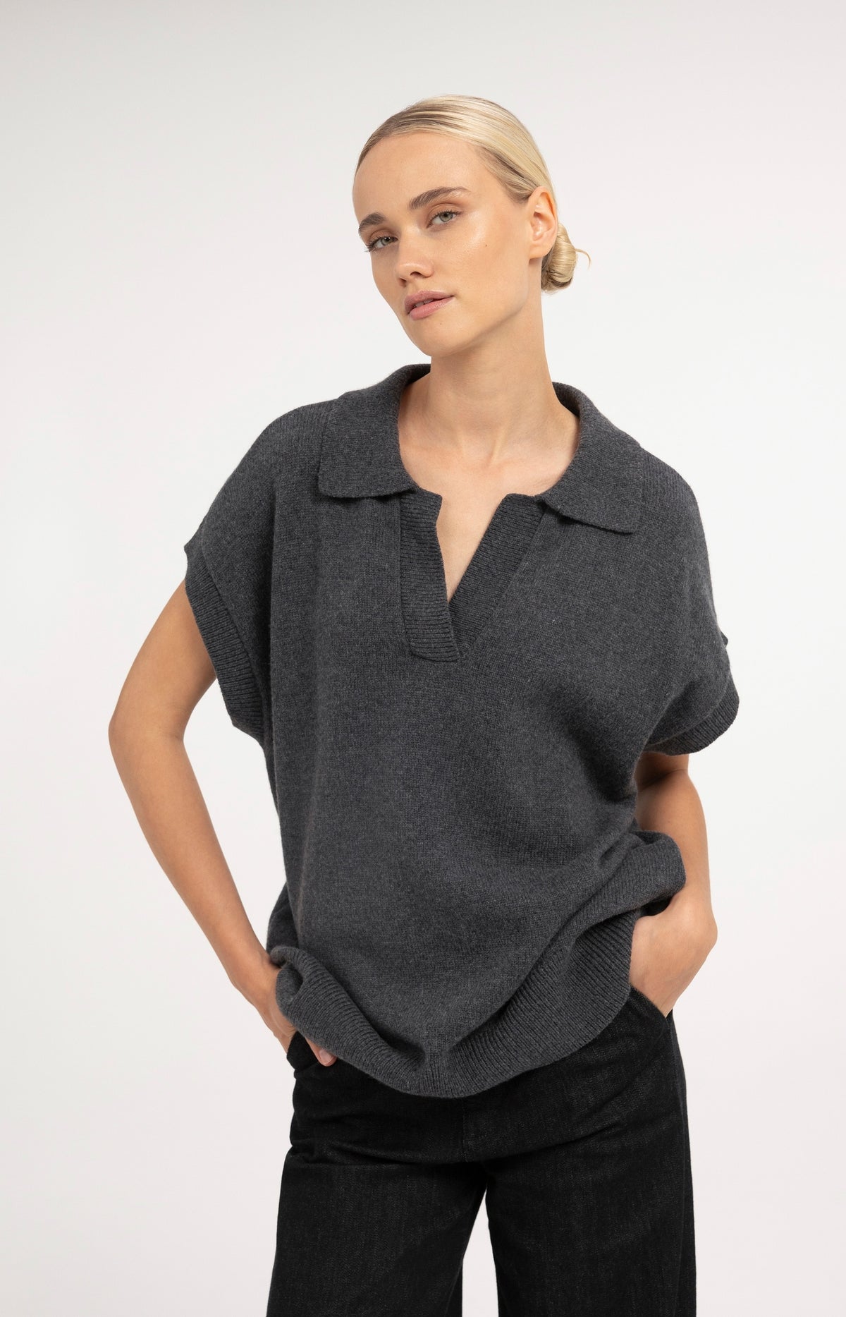 Knitted spencer tunic with collar - Dark Anthracite Melange