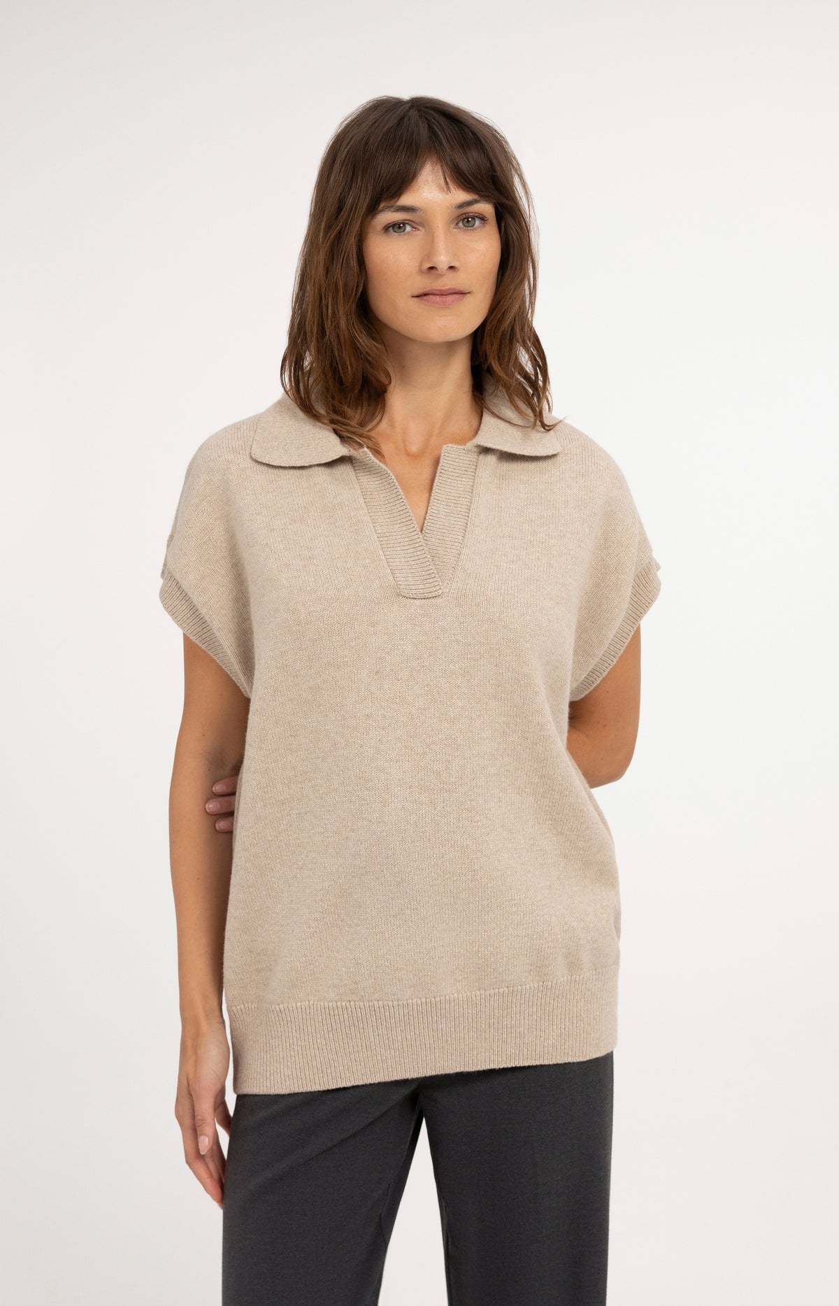 Knitted spencer tunic with collar - Light Beige Melange