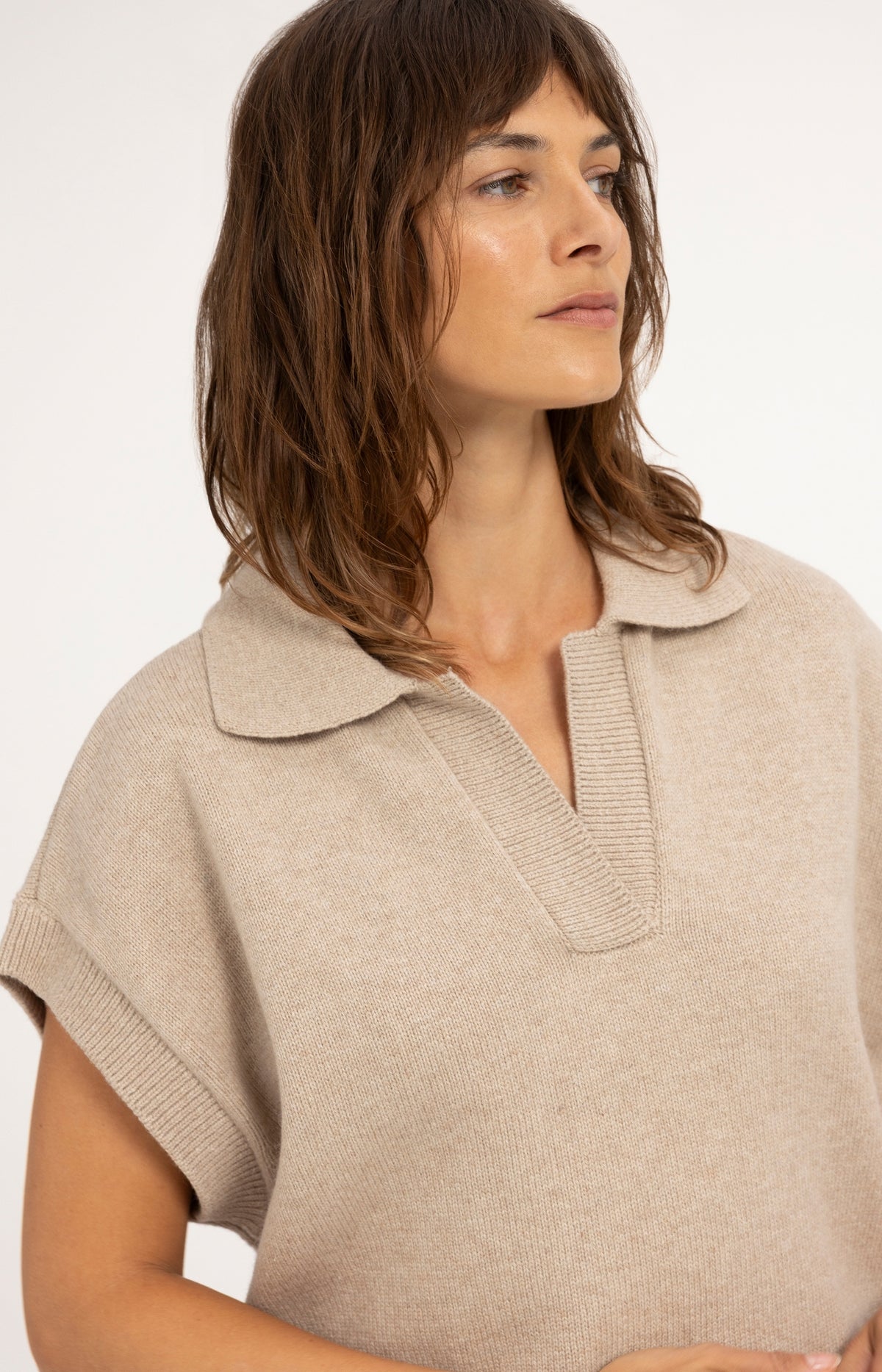 Knitted spencer tunic with collar - Light Beige Melange