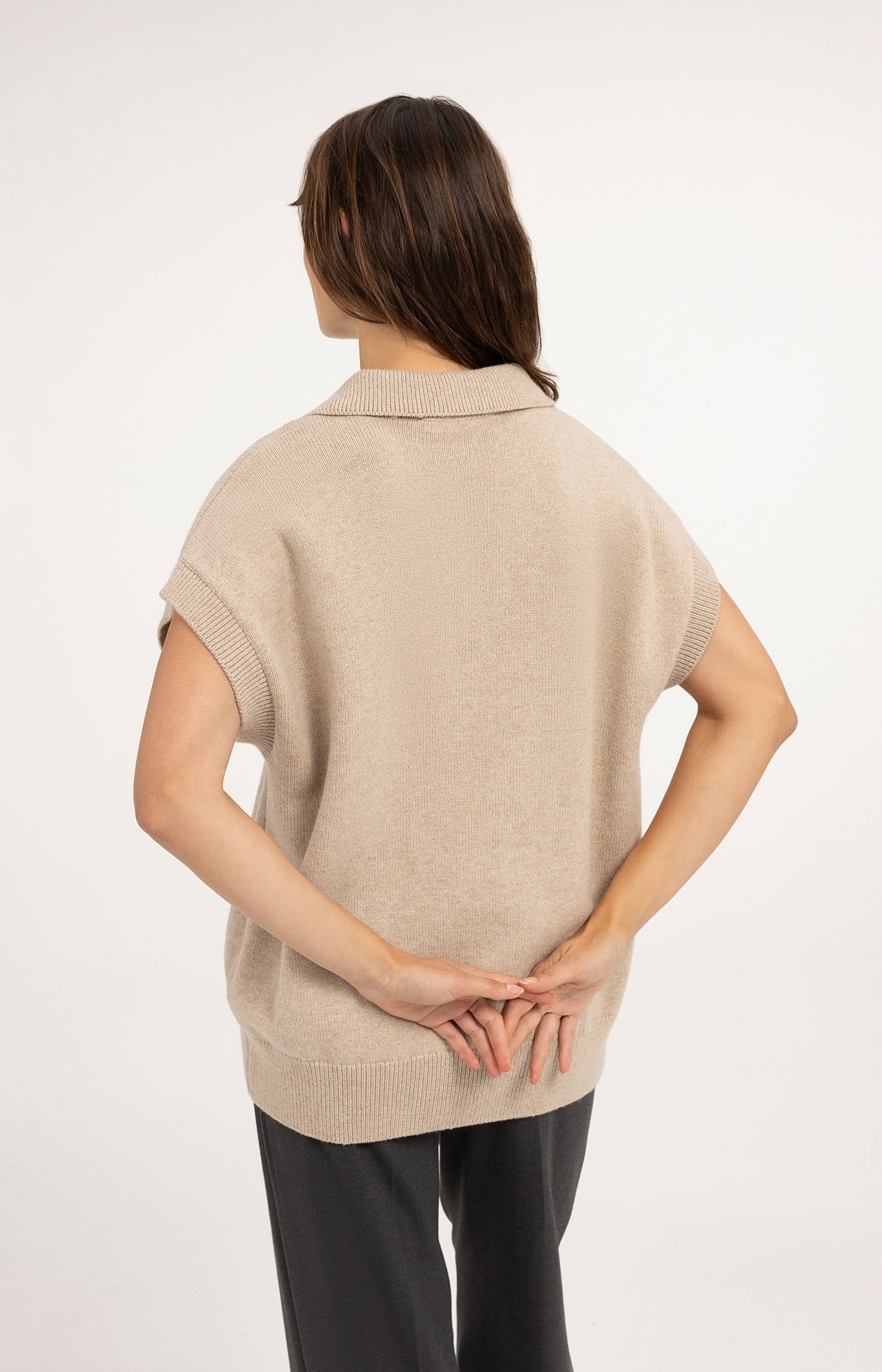 Knitted spencer tunic with collar - Beige