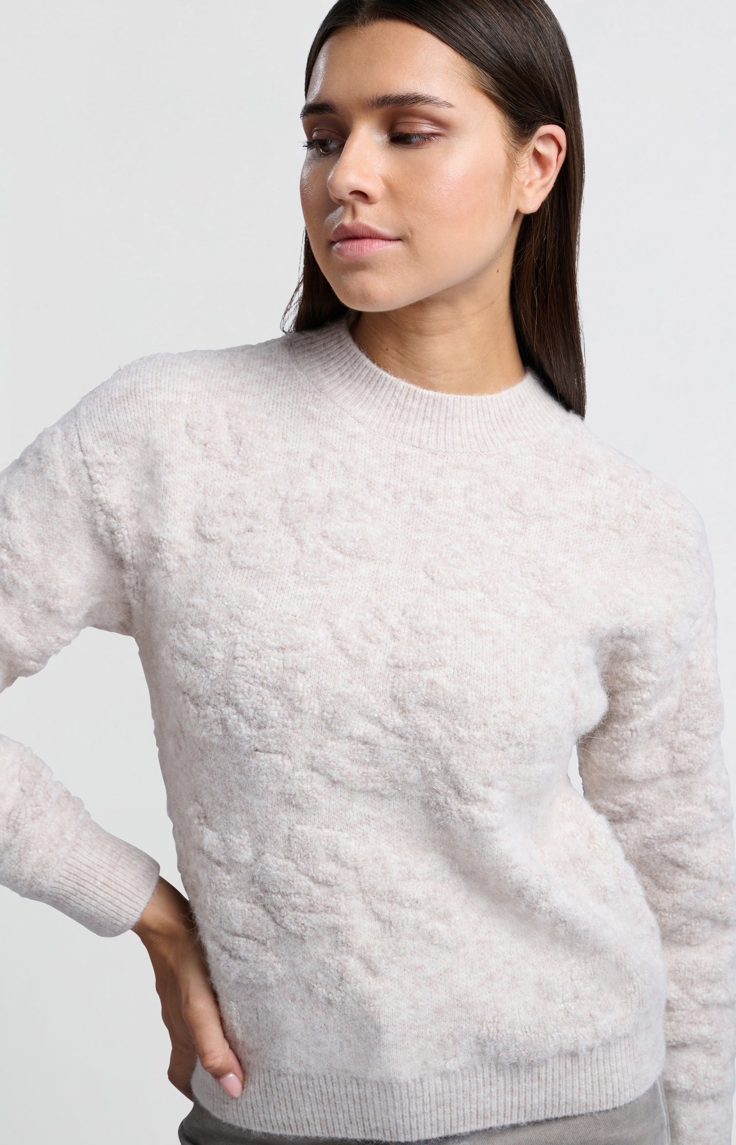 Knitted sweater with floral jacquard and round neck