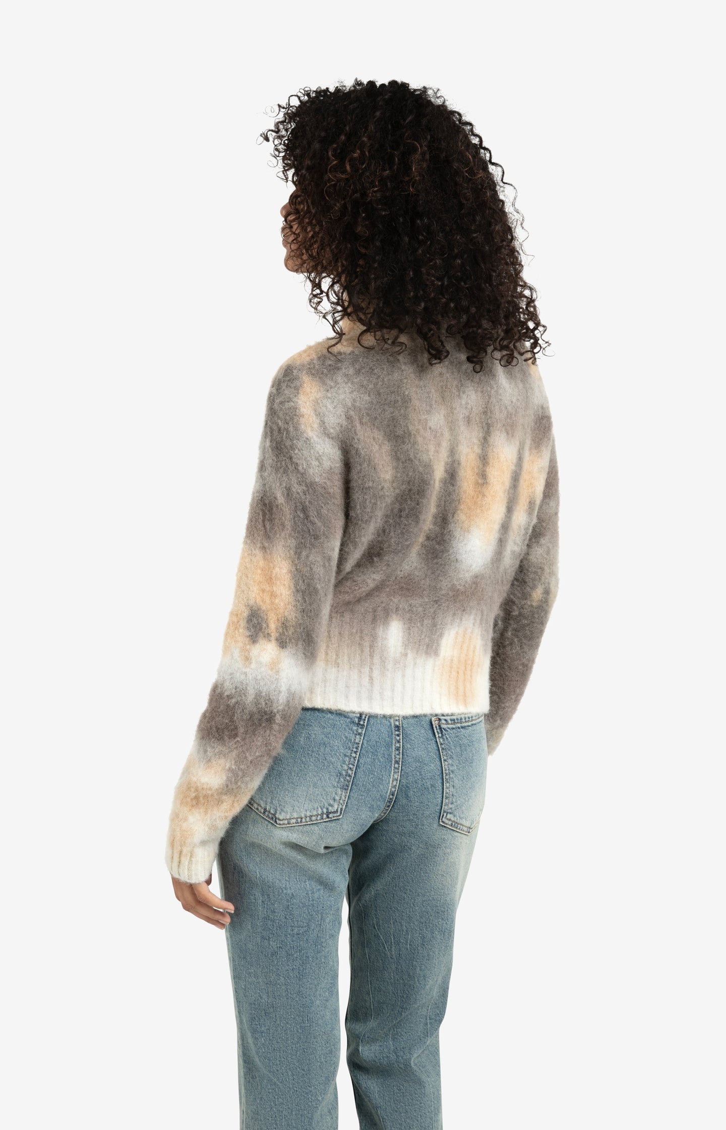 Knitted sweater with melange print and high neck