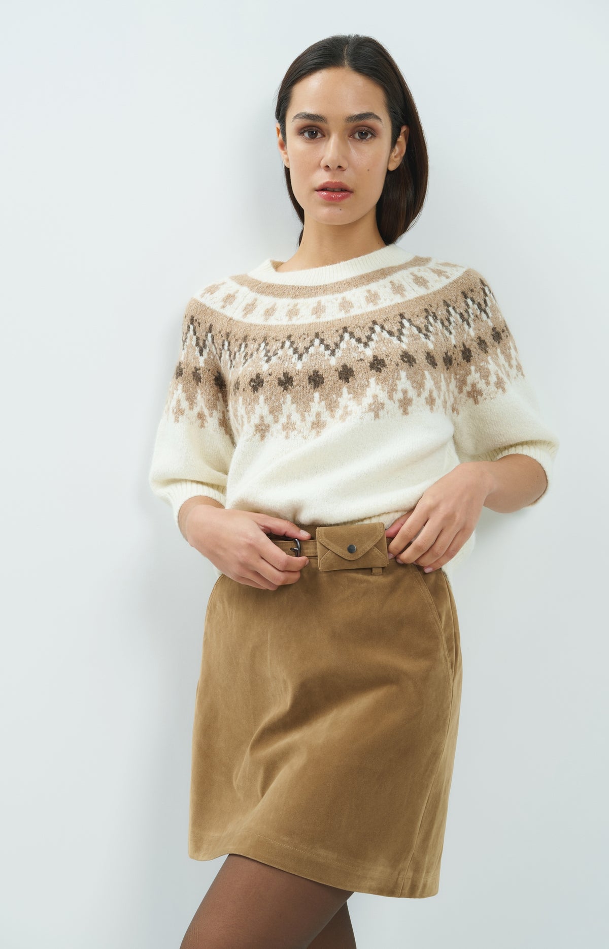 Strickpullover mit nordischem Jacquardmuster - Dark Beige Melange