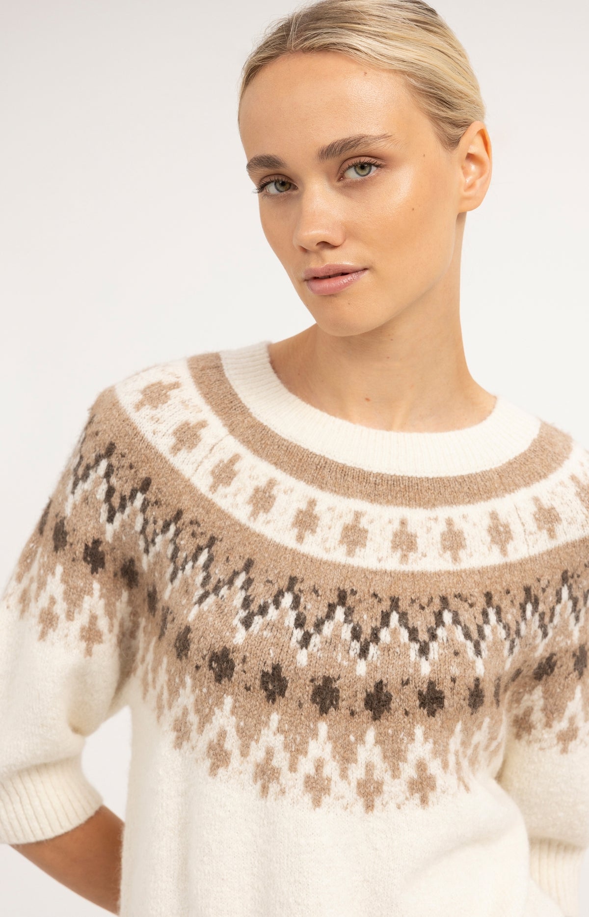 Knitted sweater with Nordic jacquard pattern - Dark Beige Melange