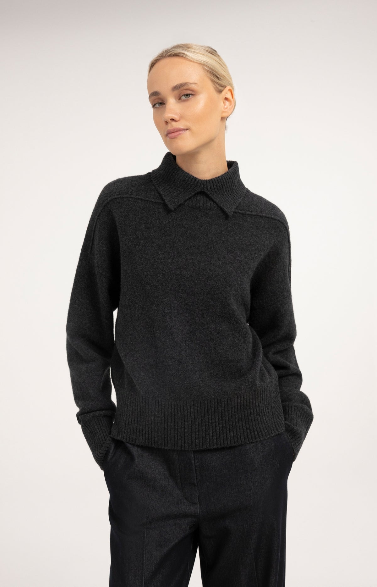 Knitted sweater with polo collar - Dark Anthracite Melange