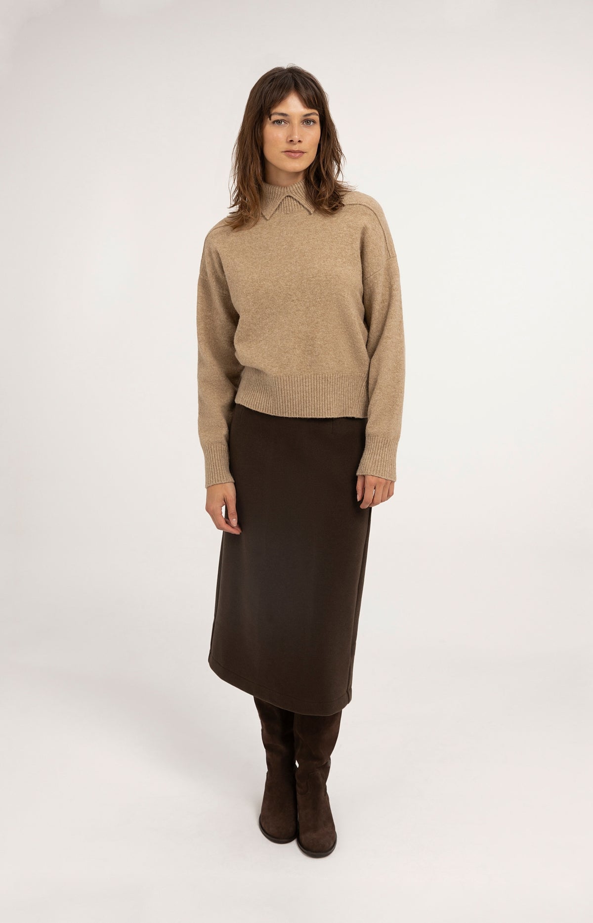 Strickpullover mit Polokragen - Dark Beige Melange