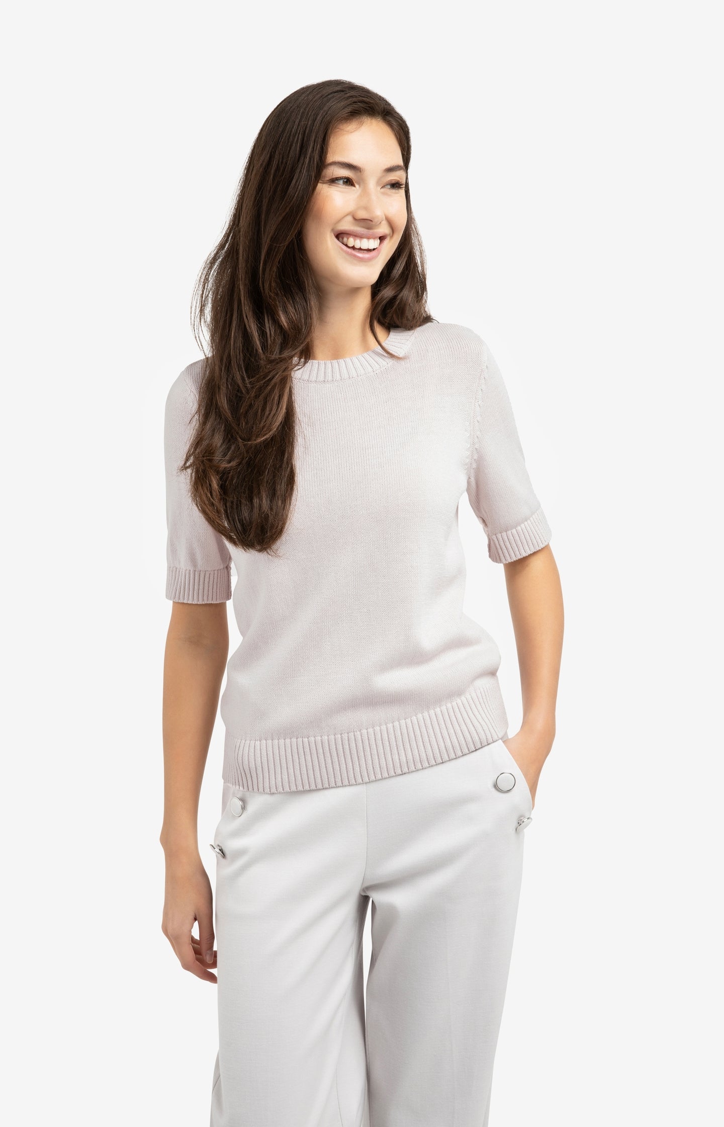 Knitted sweater with rolled-up short sleeves - Type: lookbook