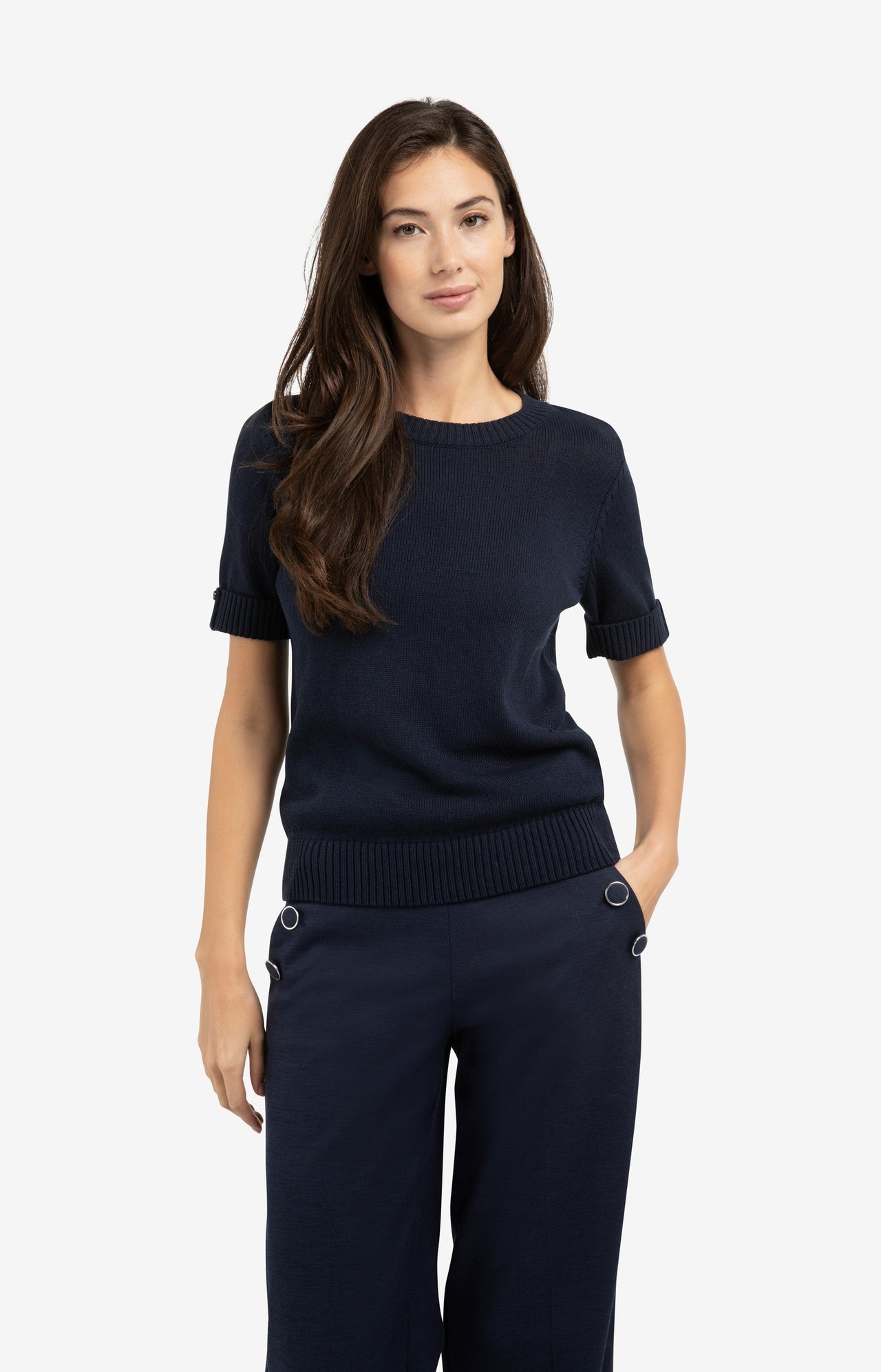 Knitted sweater with rolled-up short sleeves - Type: lookbook