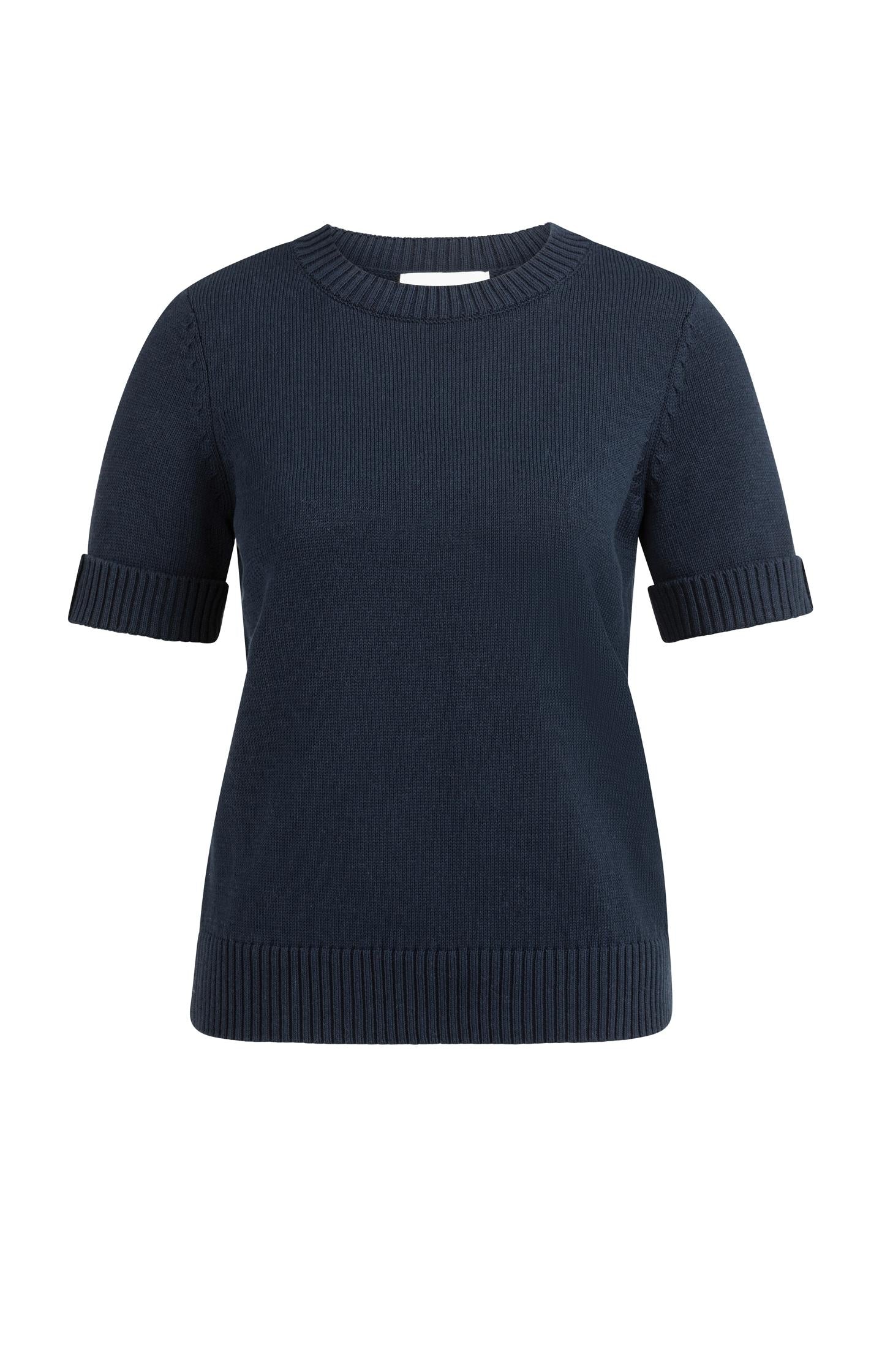 Knitted sweater with rolled-up short sleeves