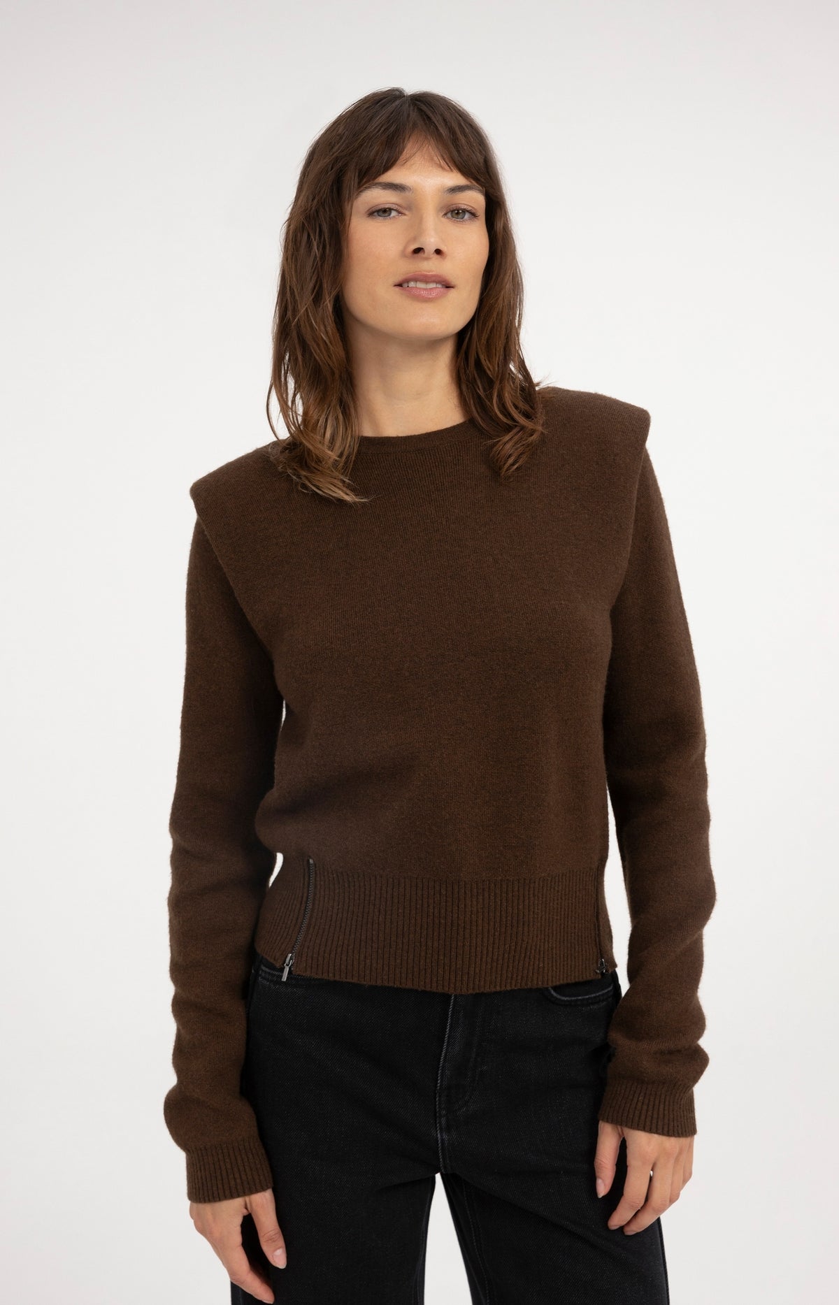 Knitted sweater with shoulder detail and side zips - Cocoa Brown Melange