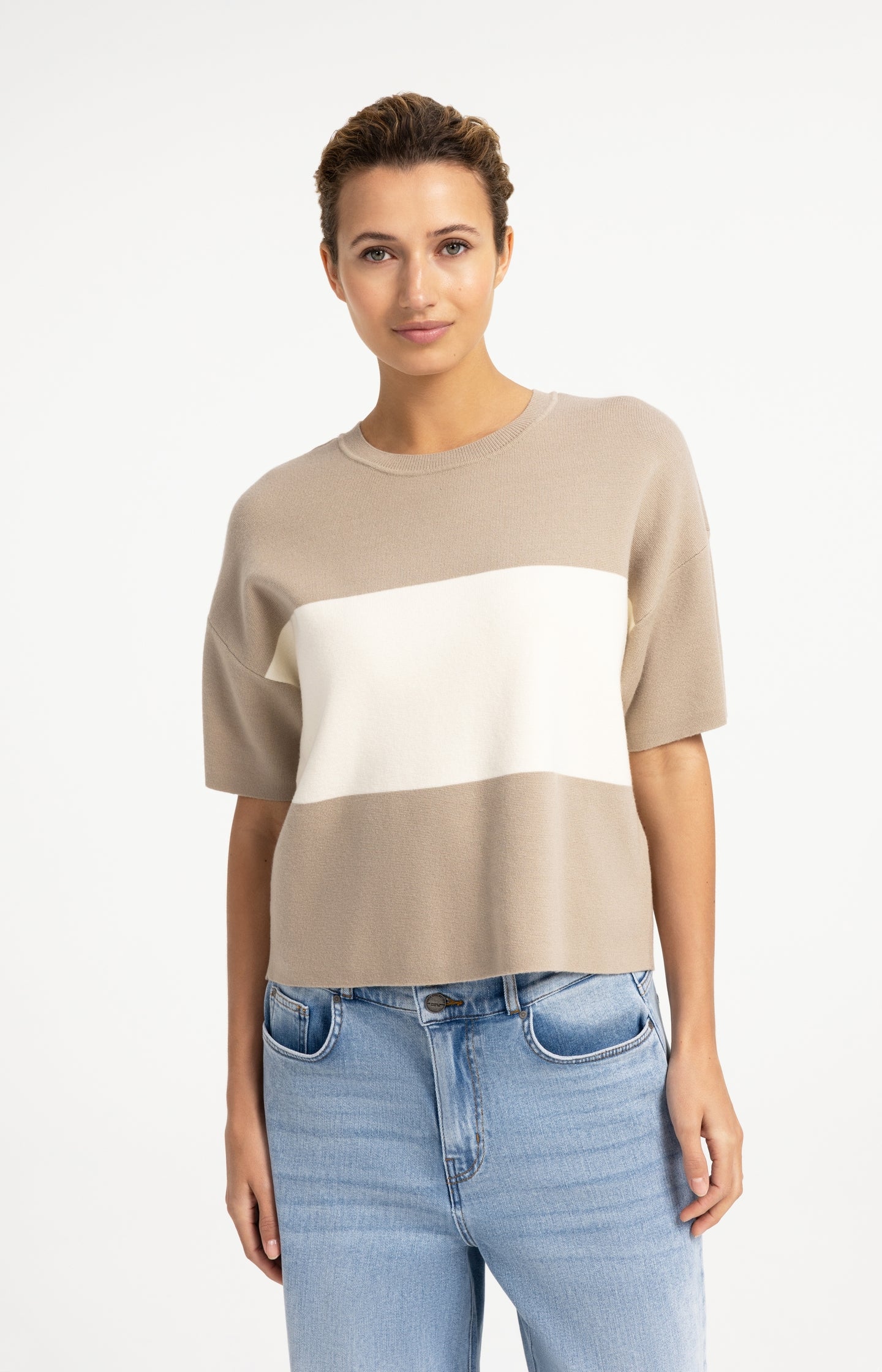Knitted top with block stripes and short sleeves - Type: lookbook