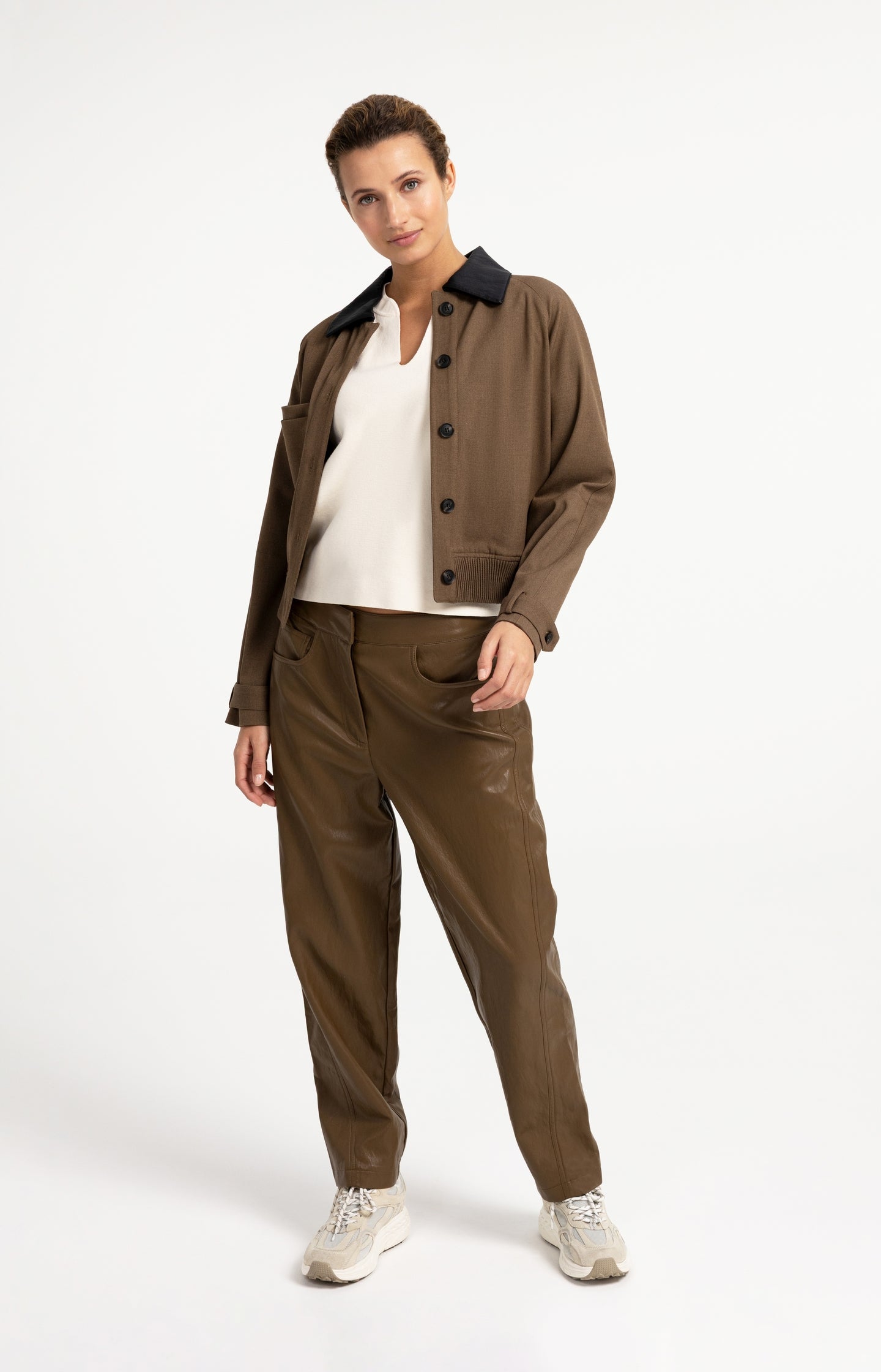 Knitted top with bomber collar and short sleeves