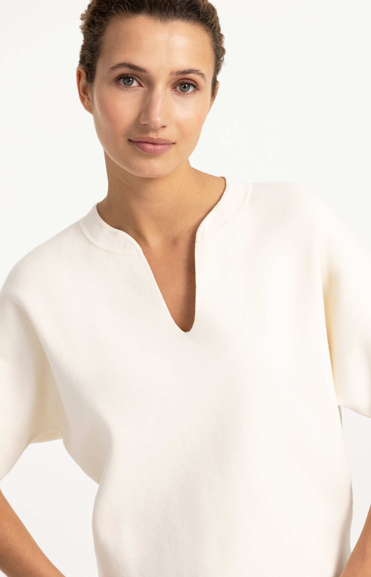 Knitted top with bomber collar and short sleeves