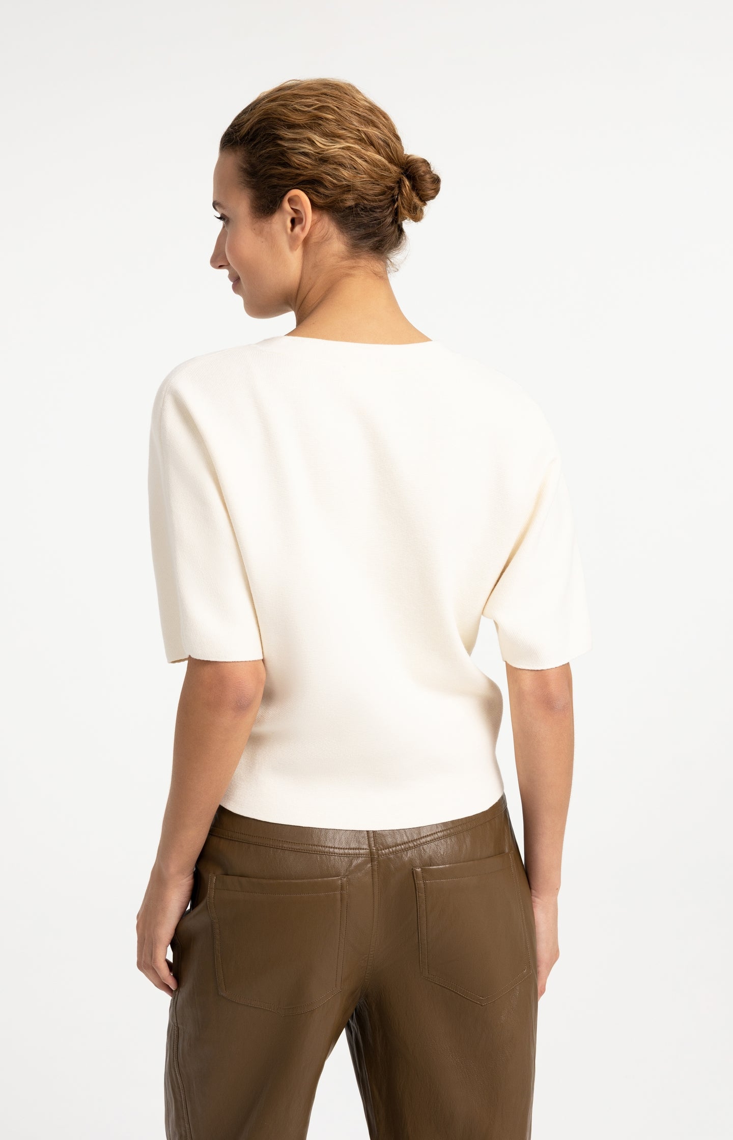 Knitted top with bomber collar and short sleeves