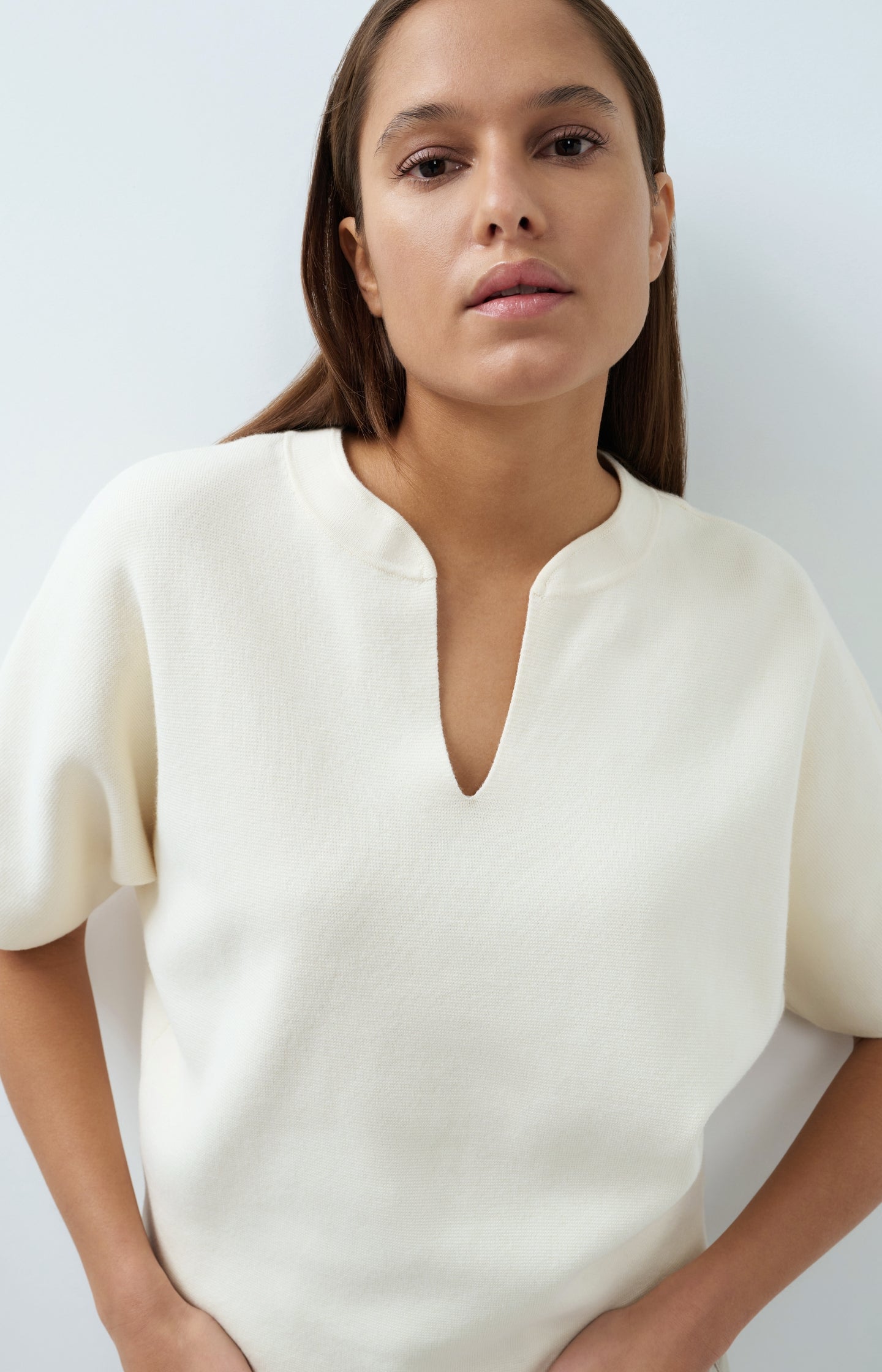 Knitted top with bomber collar and short sleeves