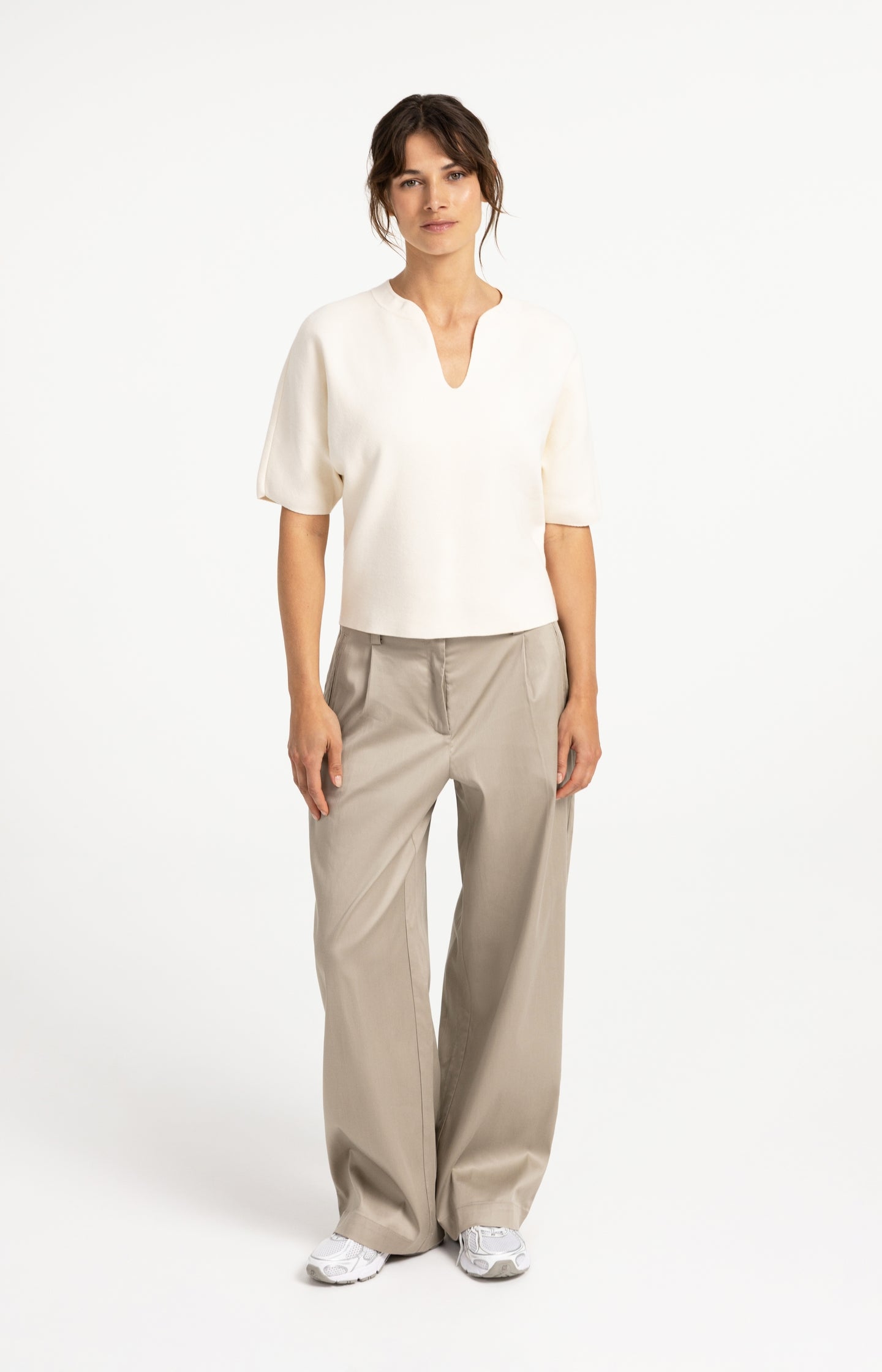 Knitted top with bomber collar and short sleeves