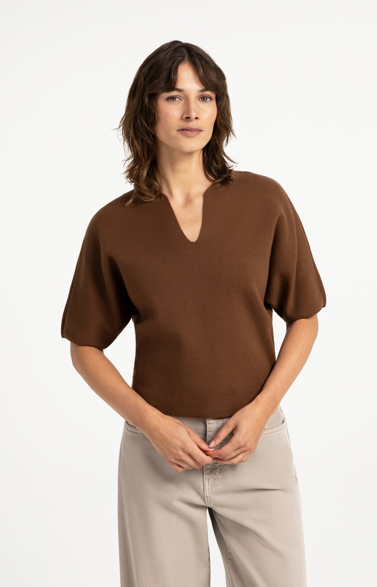 Knitted top with bomber collar and short sleeves