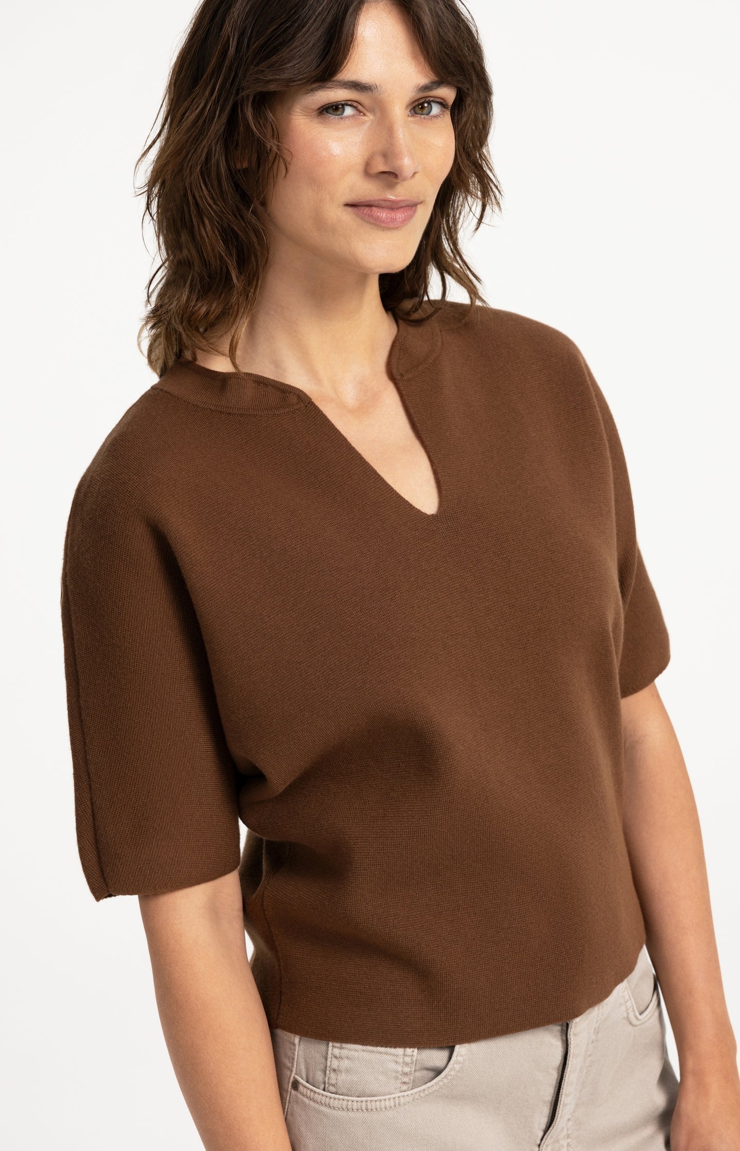 Knitted top with bomber collar and short sleeves
