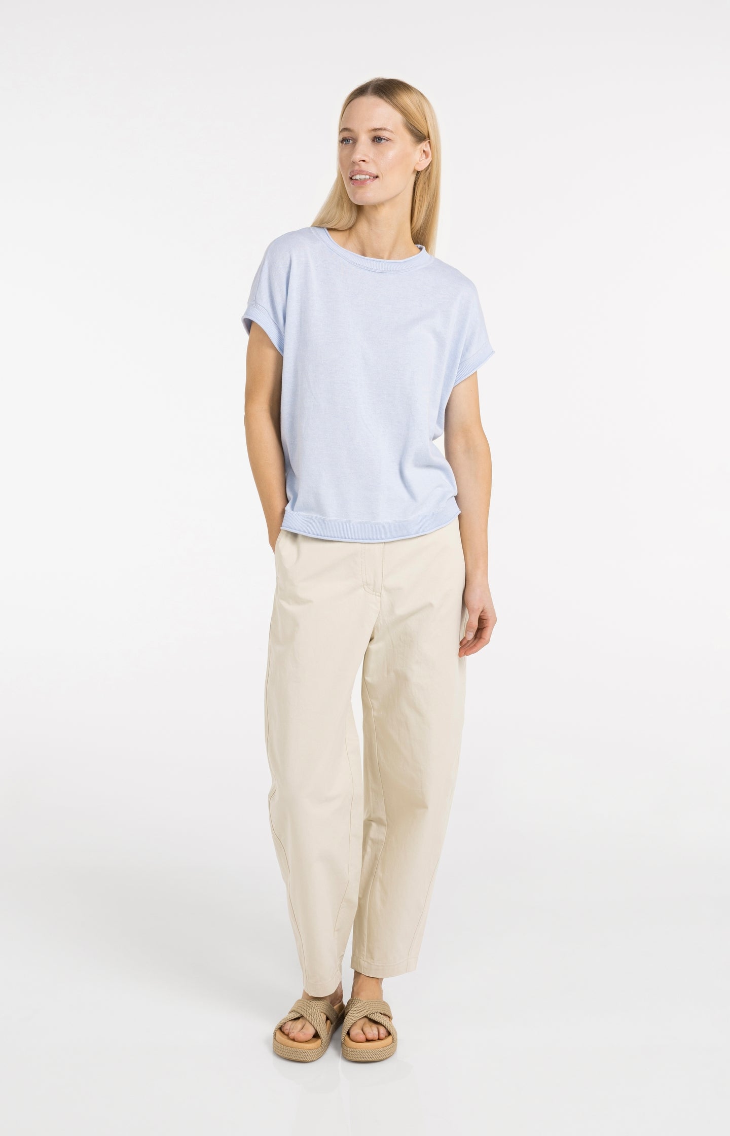 Knitted top with short sleeves and contrasting trims - Type: lookbook