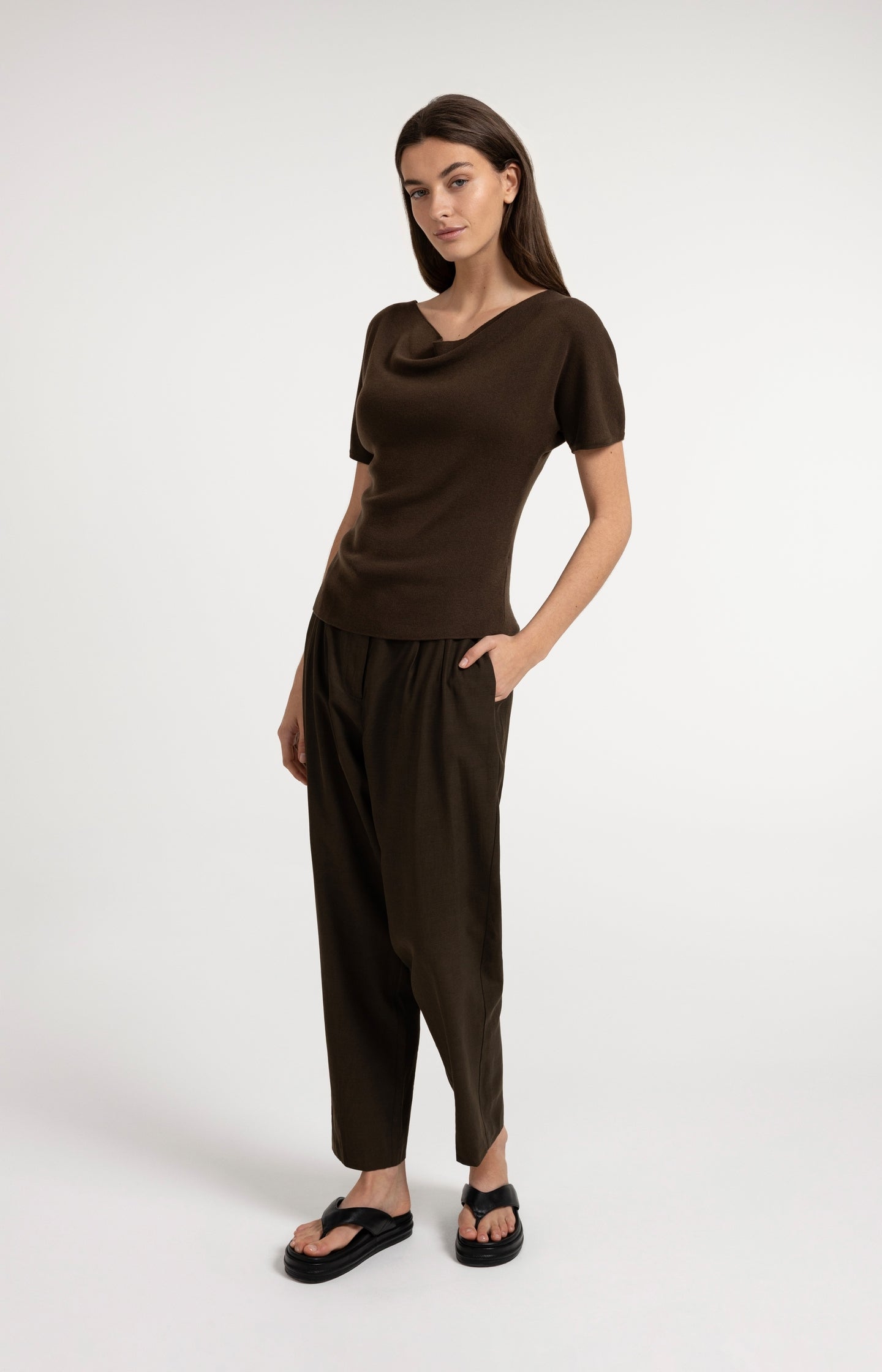 Knitted top with short sleeves and draped neckline
