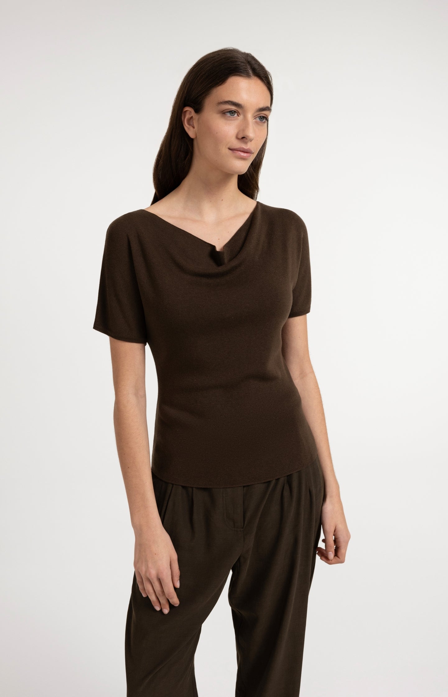 Knitted top with short sleeves and draped neckline