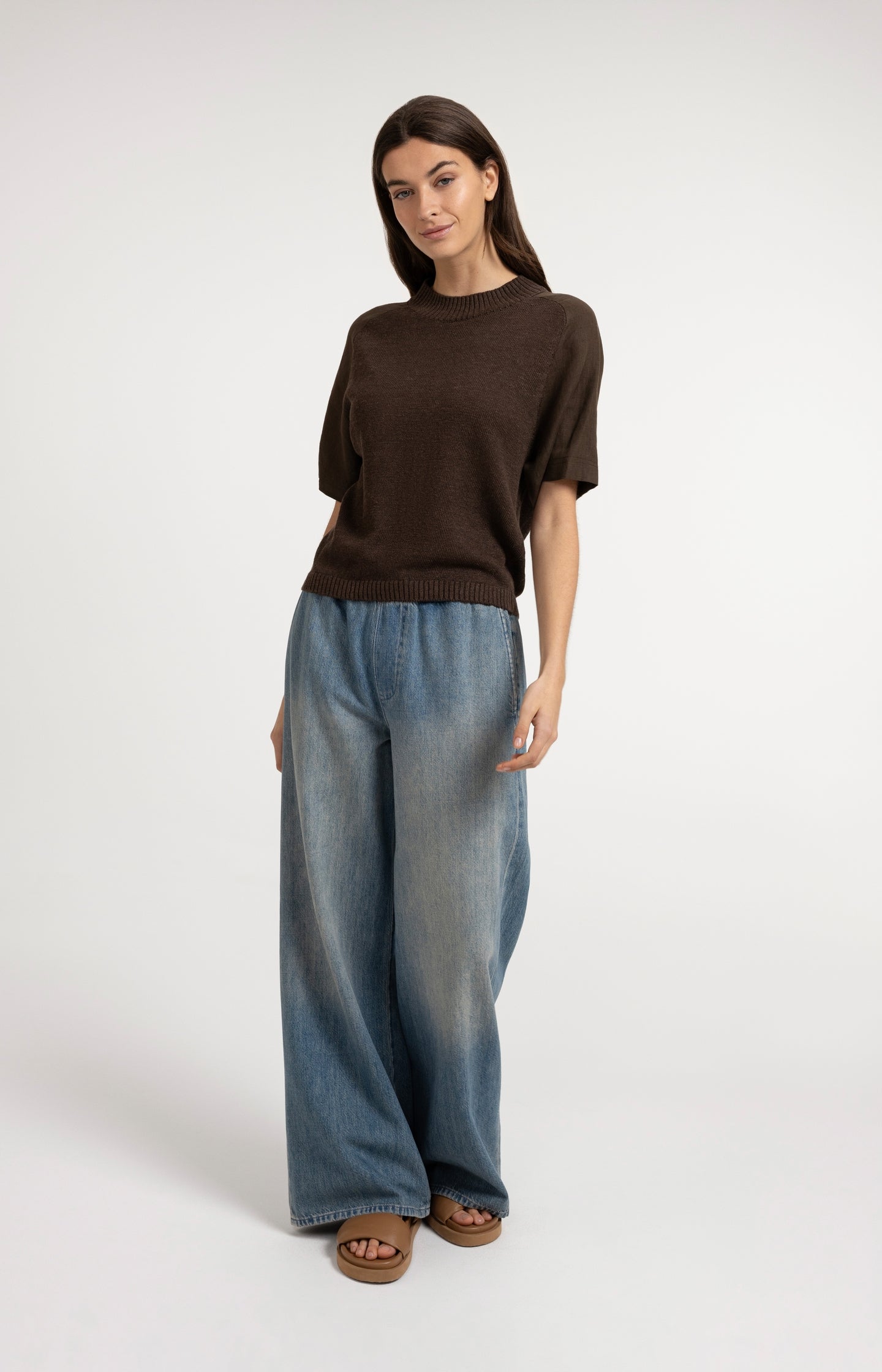 Knitted top with short sleeves and ribbed neckline