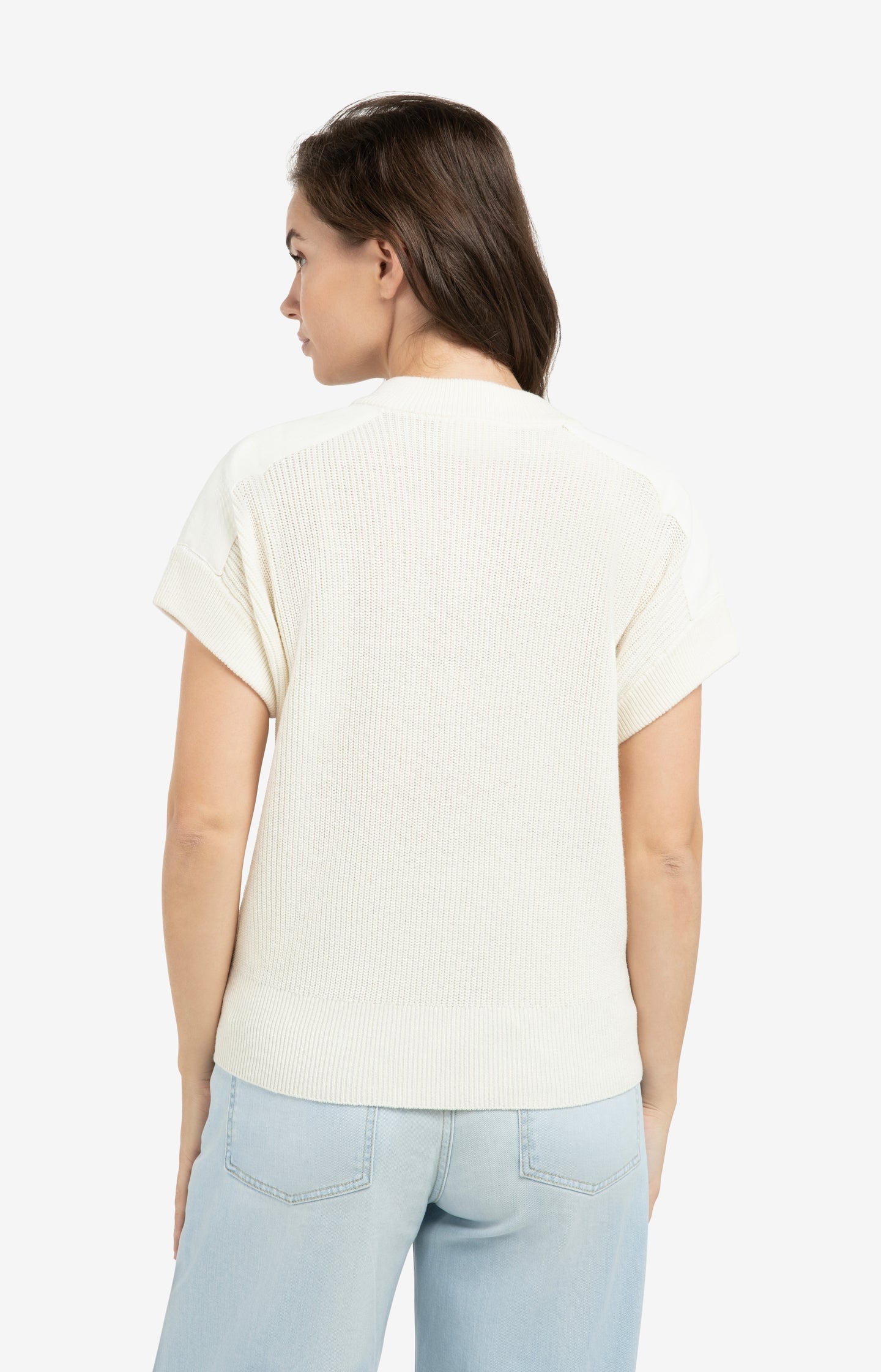 Knitted top with woven shoulder details