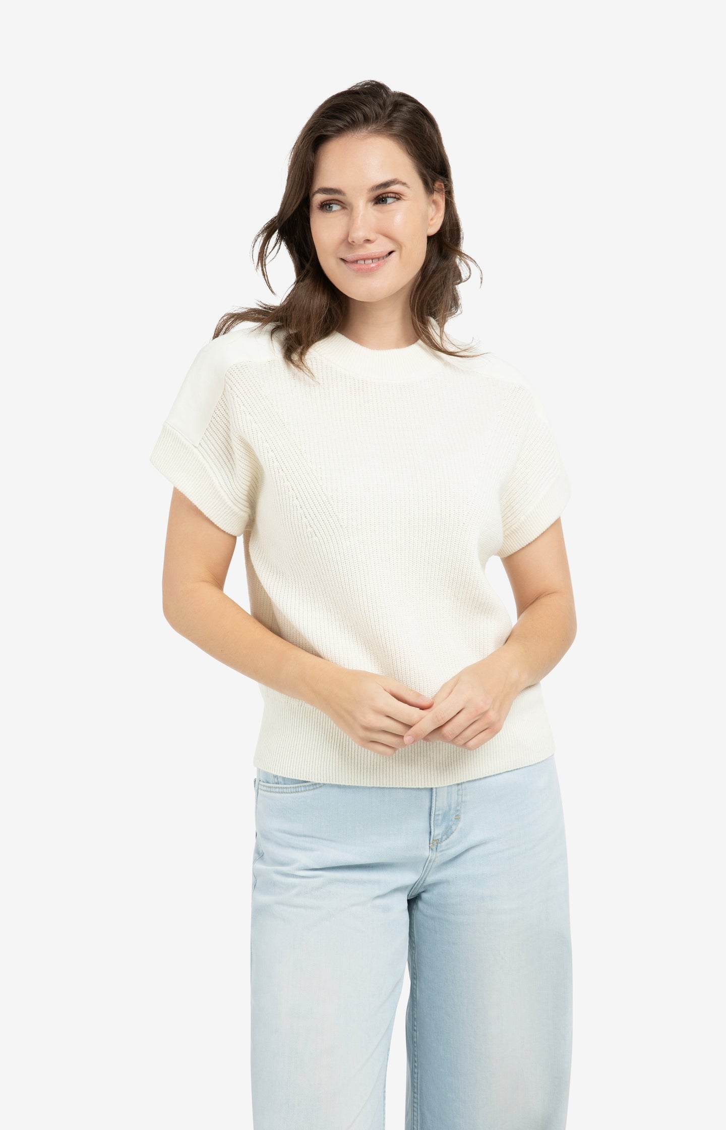 Knitted top with woven shoulder details