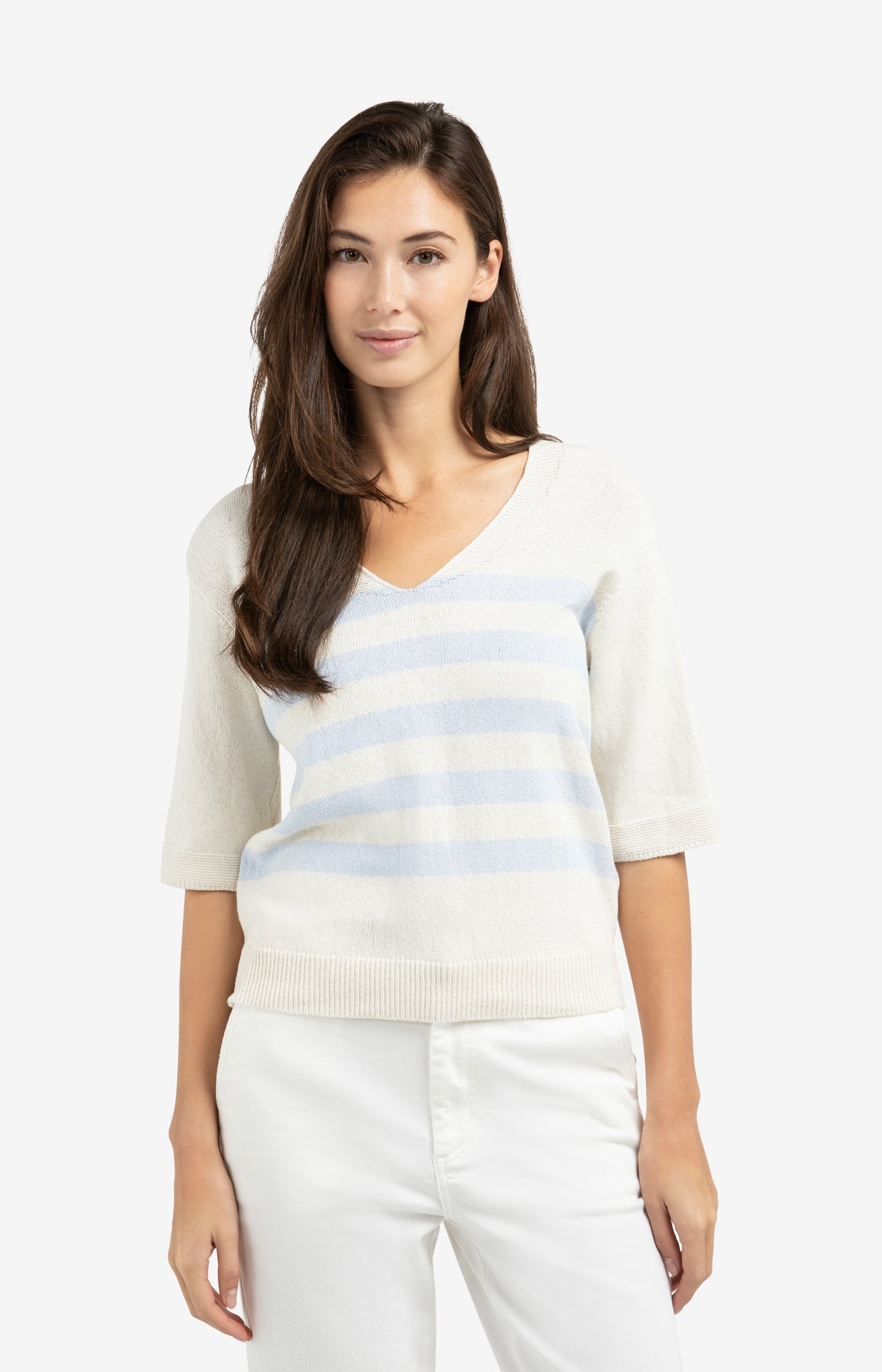 Knitted V-neck sweater with light blue stripes