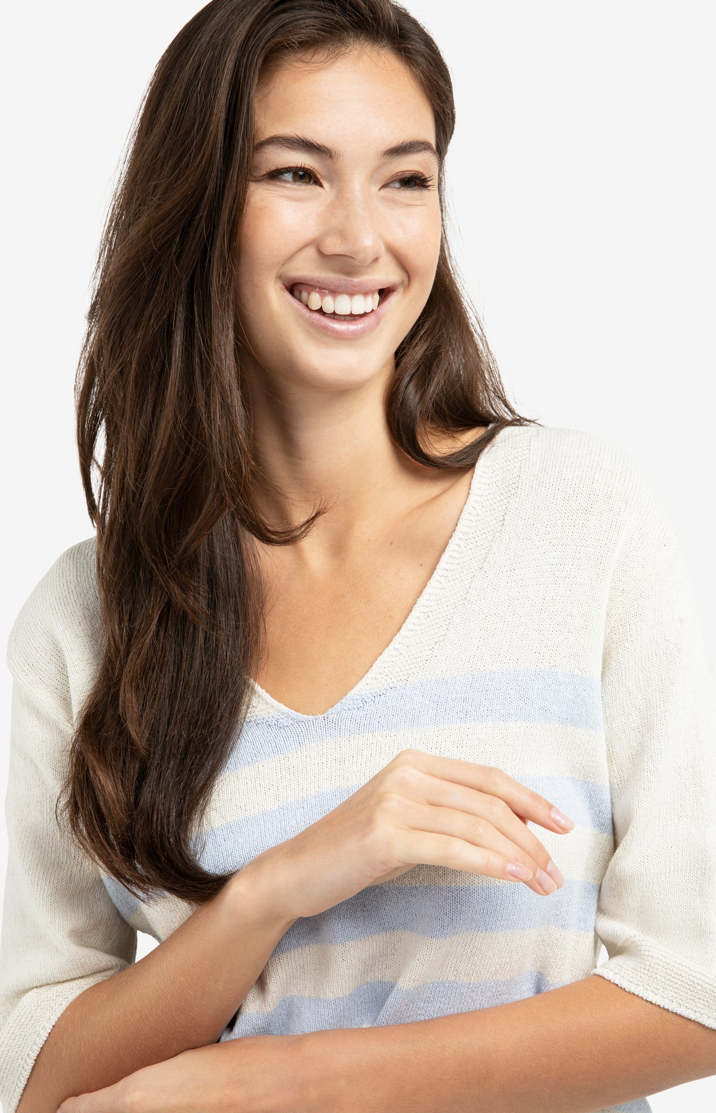 Knitted V-neck sweater with light blue stripes