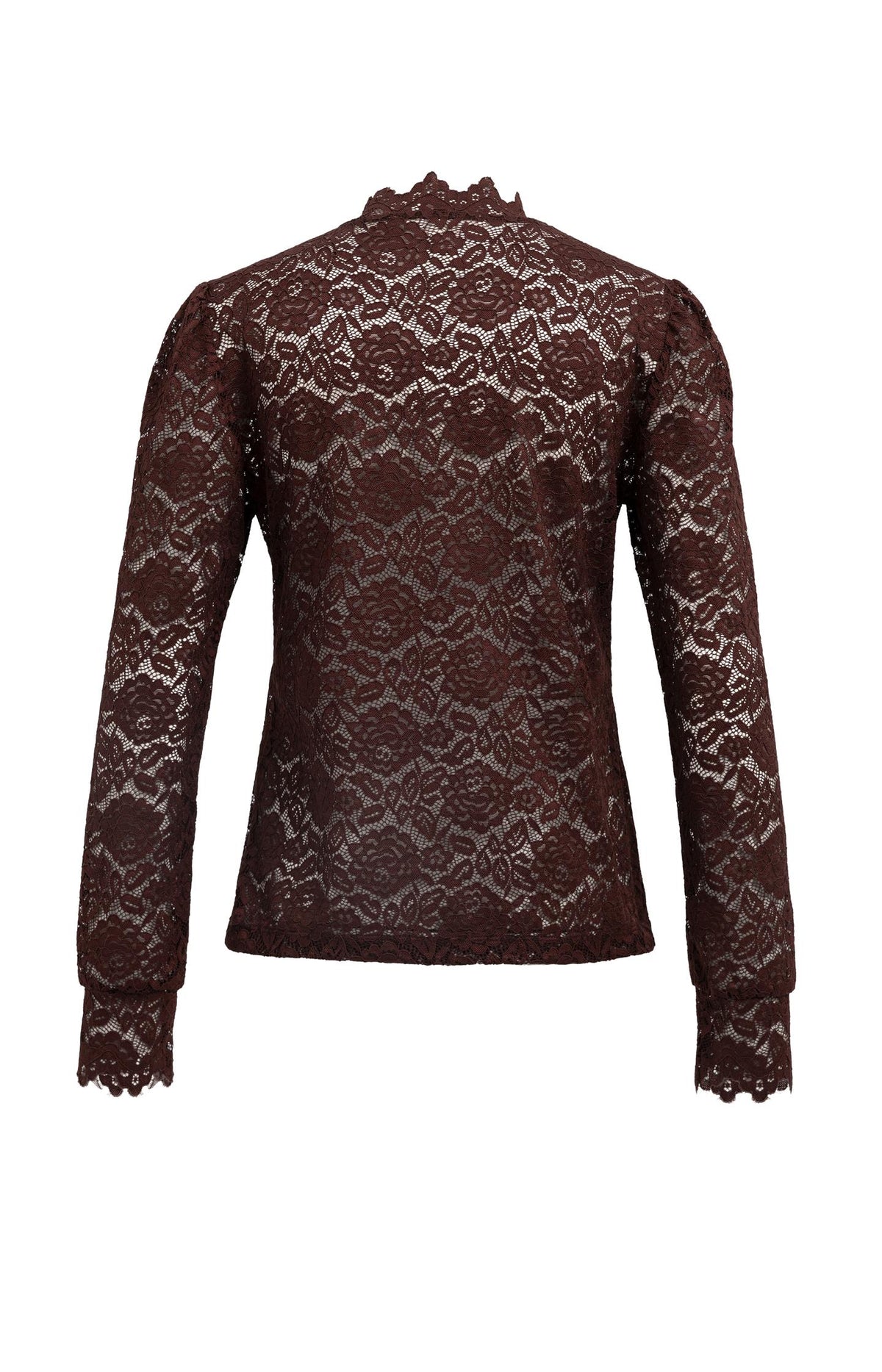 Lace top with high neck and long sleeves - Bitter Chocolate Red