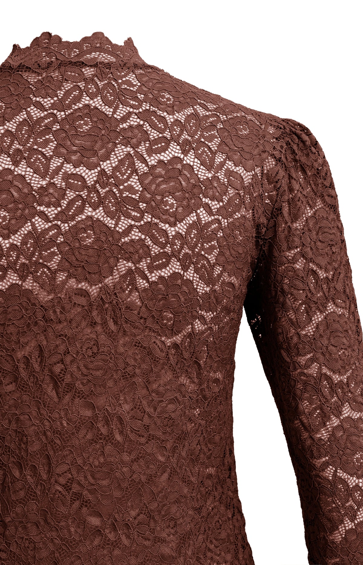 Lace top with high neck and long sleeves - Bitter Chocolate Red
