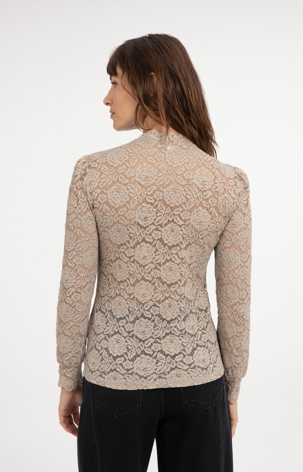 Lace top with high neck and long sleeves - Pure Cashmere Grey