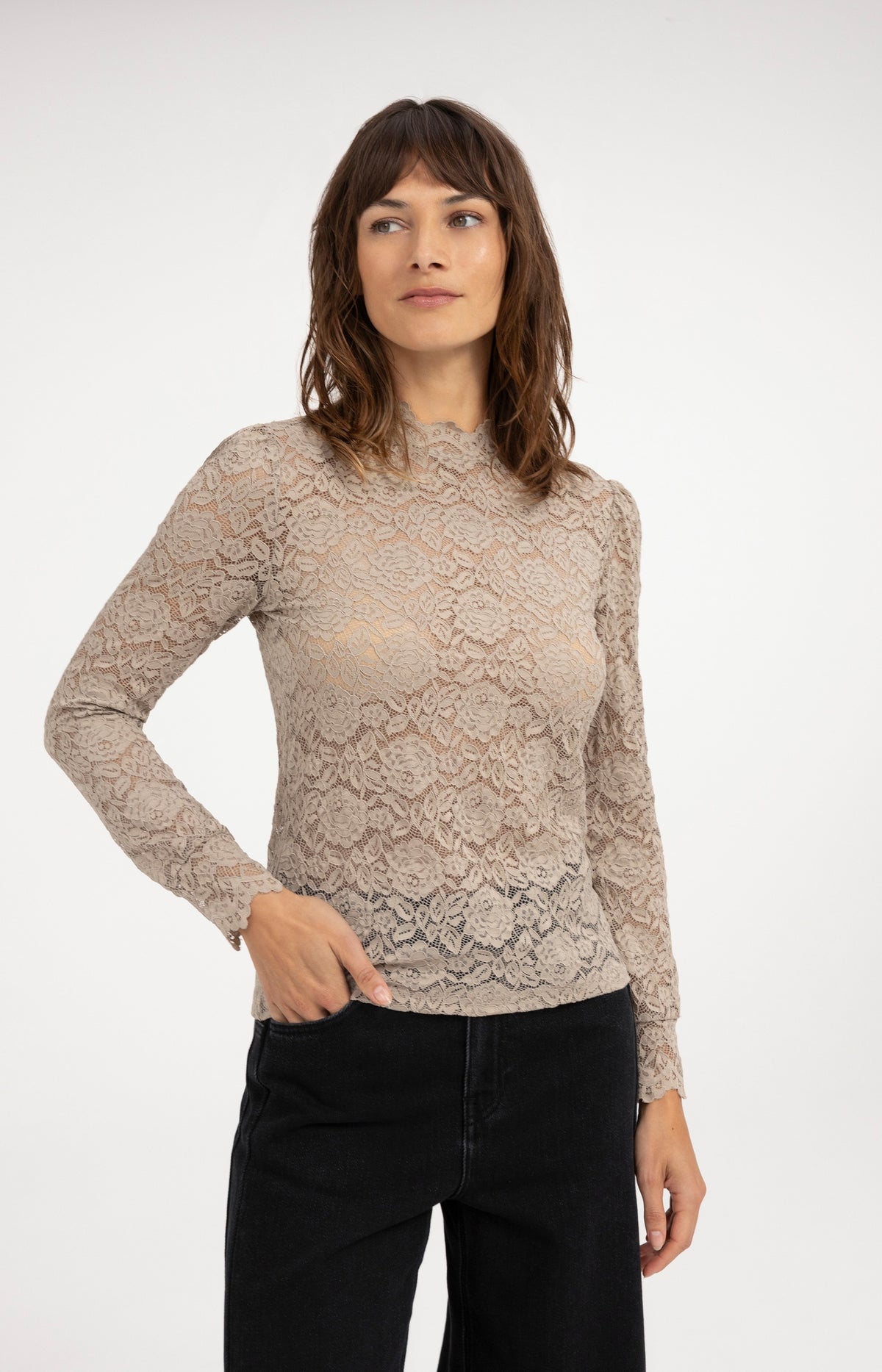 Lace top with high neck and long sleeves - Pure Cashmere Grey