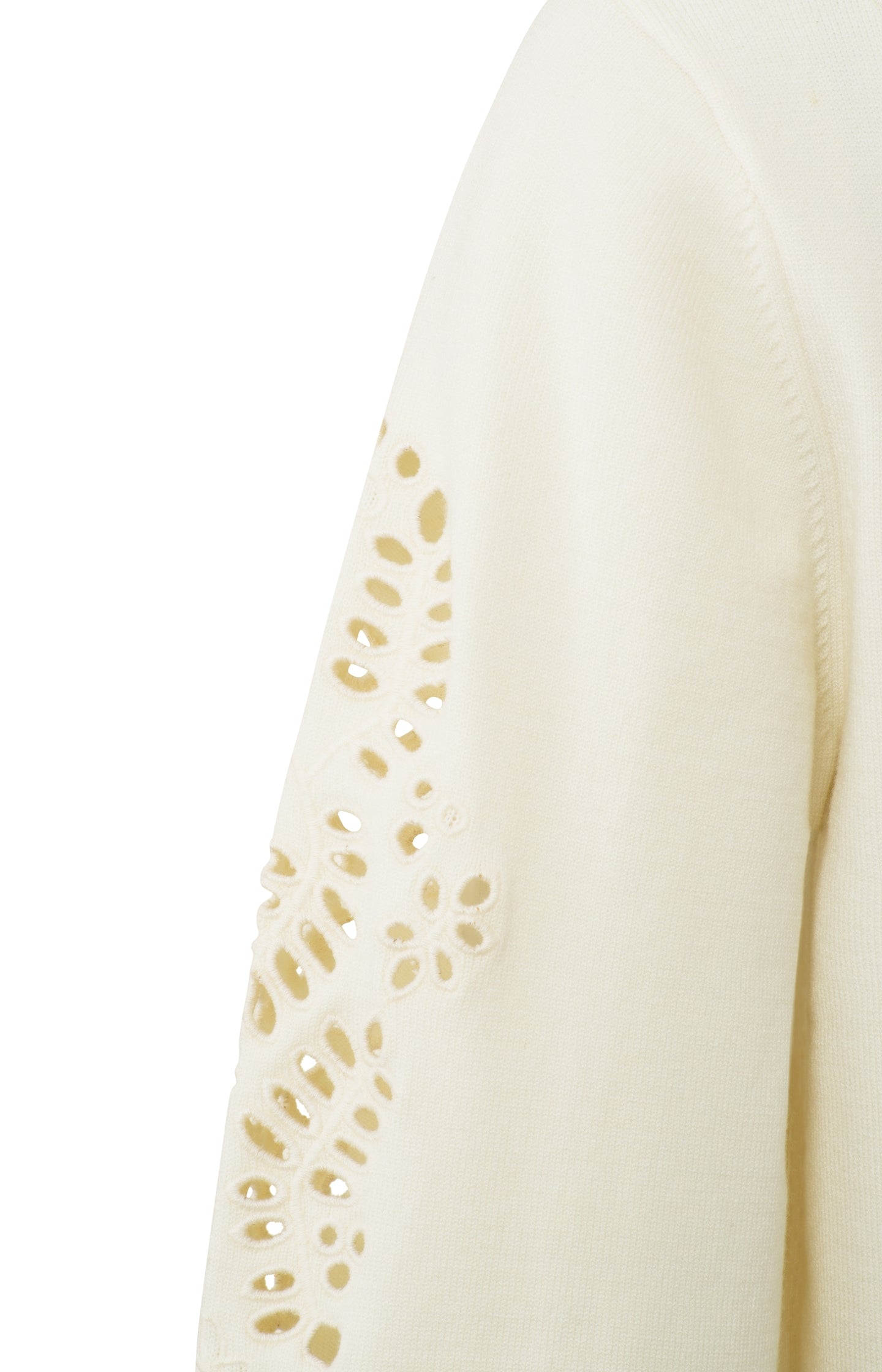 Laser cut sweater with round neck, long detailed puff sleeve