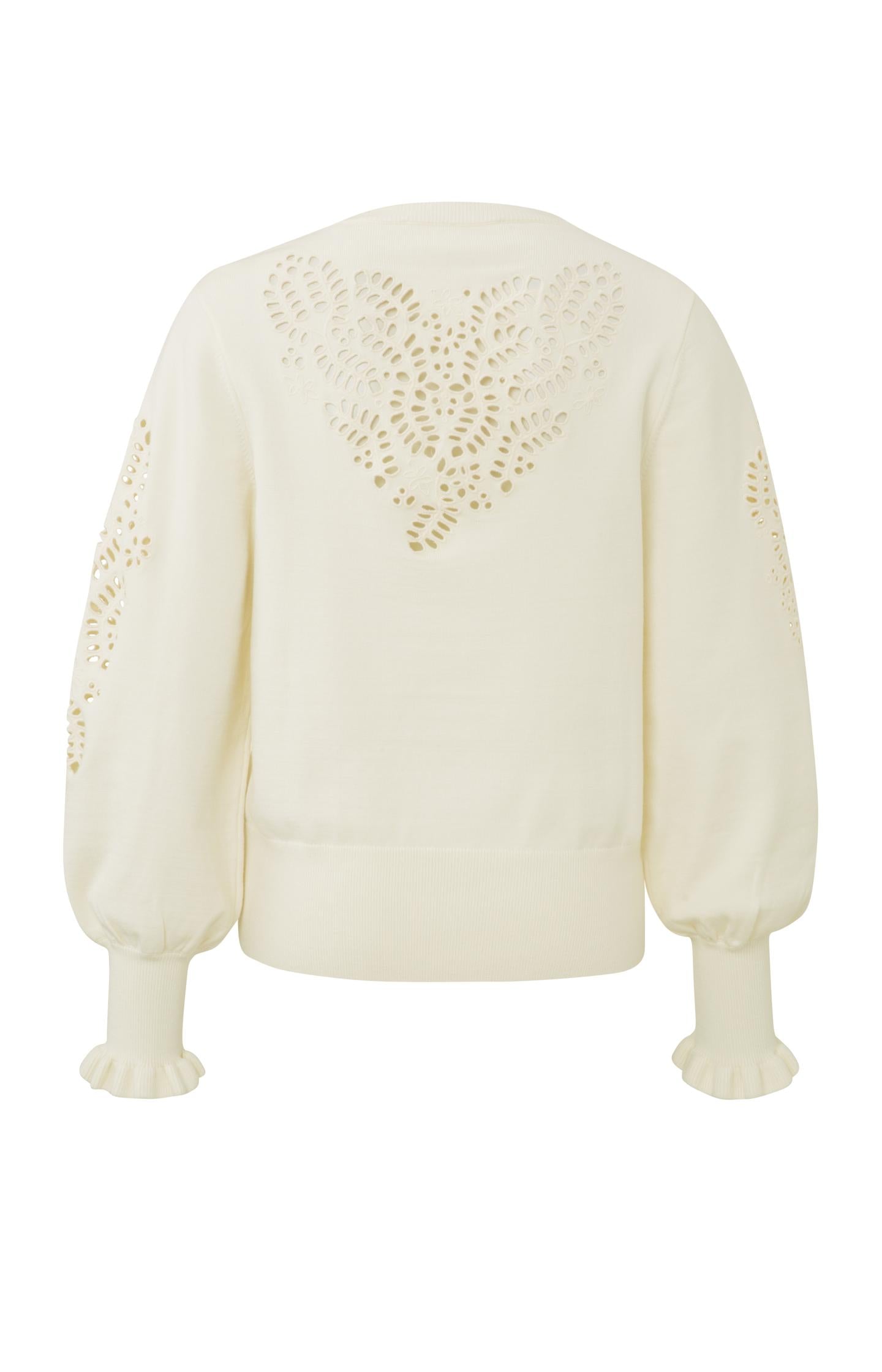 Laser cut sweater with round neck, long detailed puff sleeve