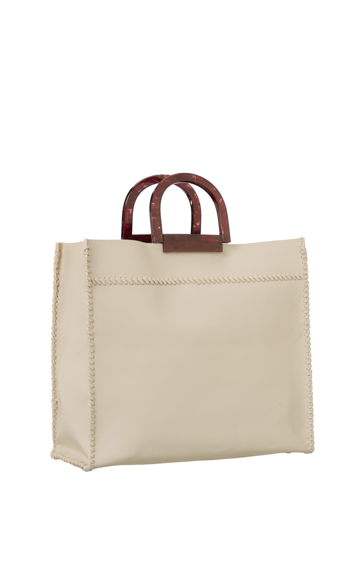 Leather bag with decorated handles and braided details - Safari Sand