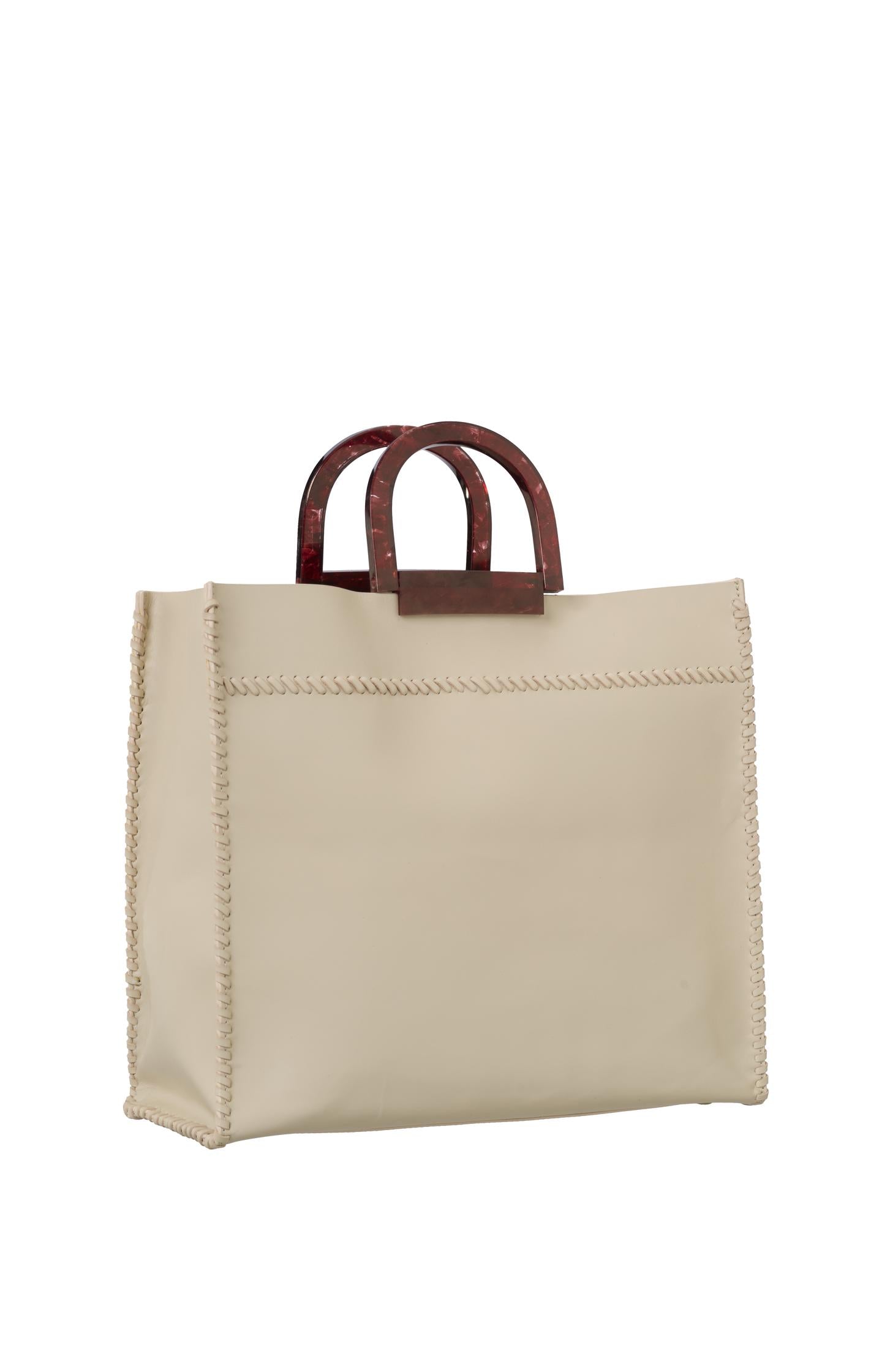 Leather bag with decorated handles and braided details - Safari Sand