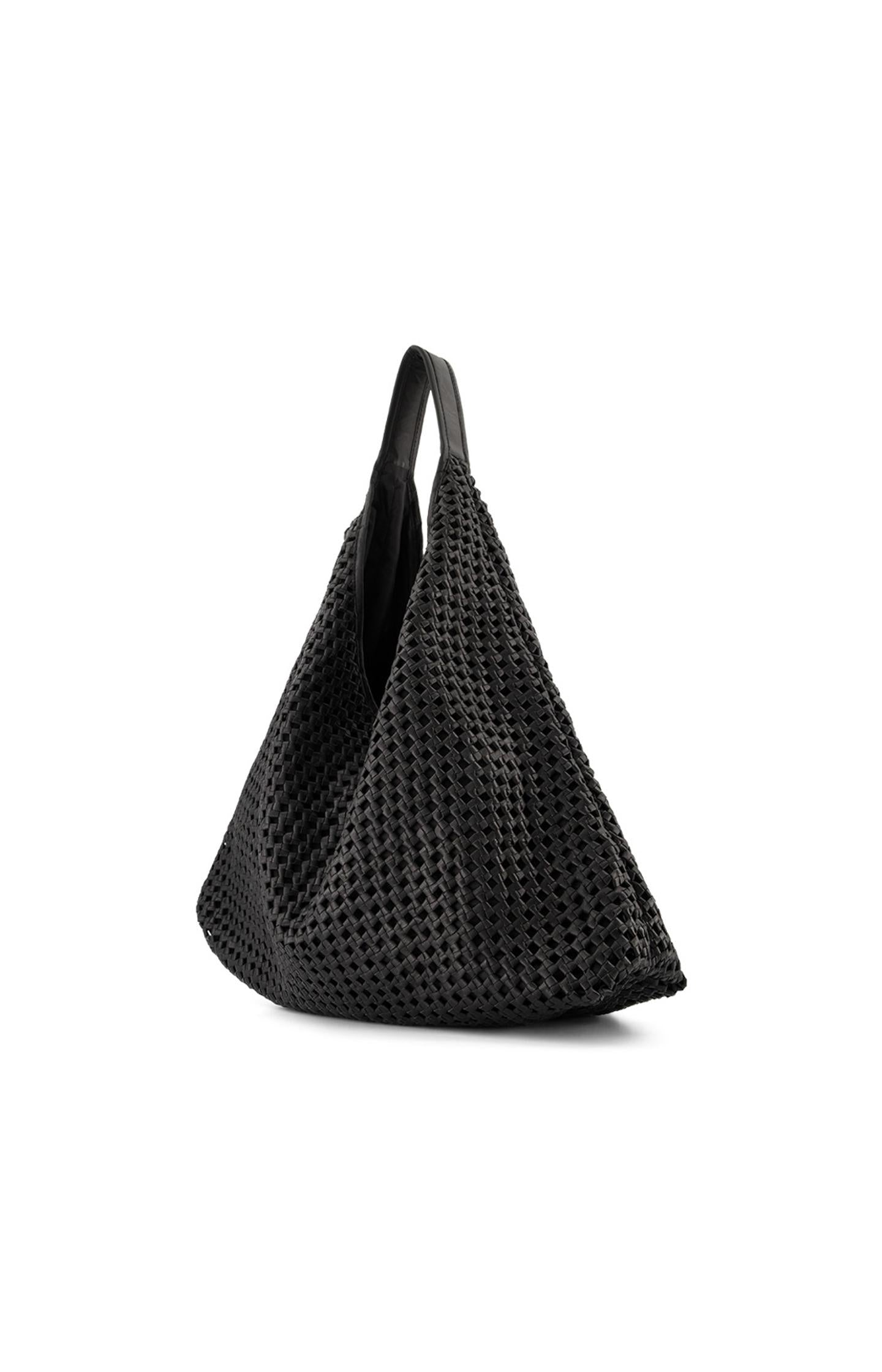 Leather bag with woven design and shoulder strap