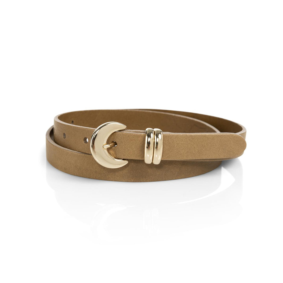 Leather belt with gold-colored moon buckle