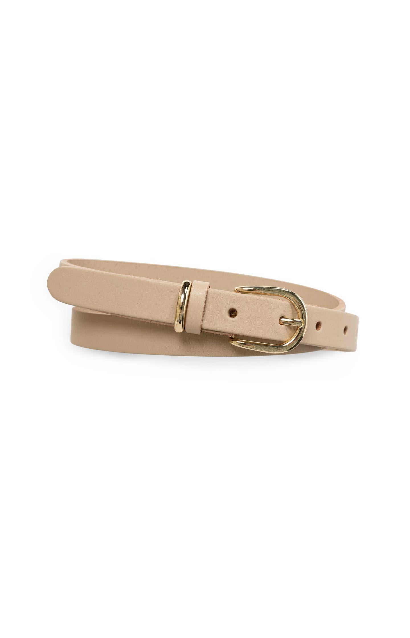 Leather belt with round buckle and metal loop - Type: product