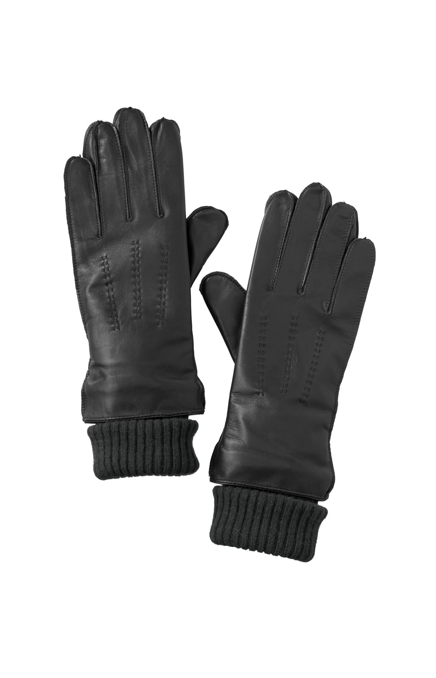 Leather gloves with knitted cuffs - Black