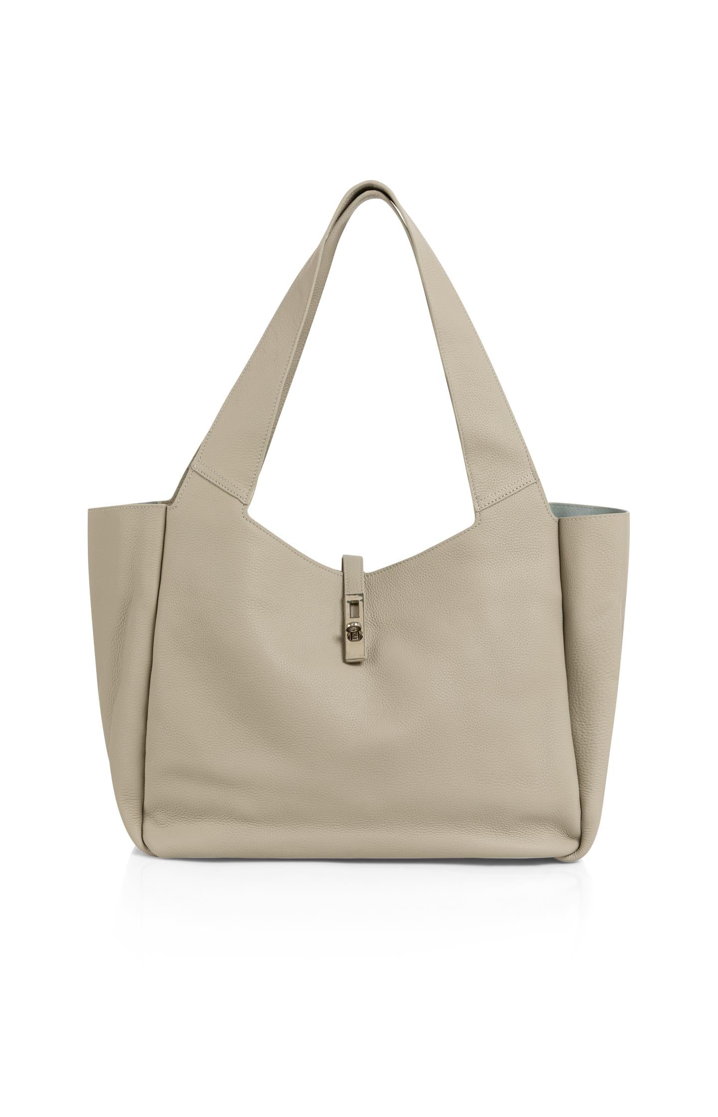 Leather shopper with wide handles and twist lock
