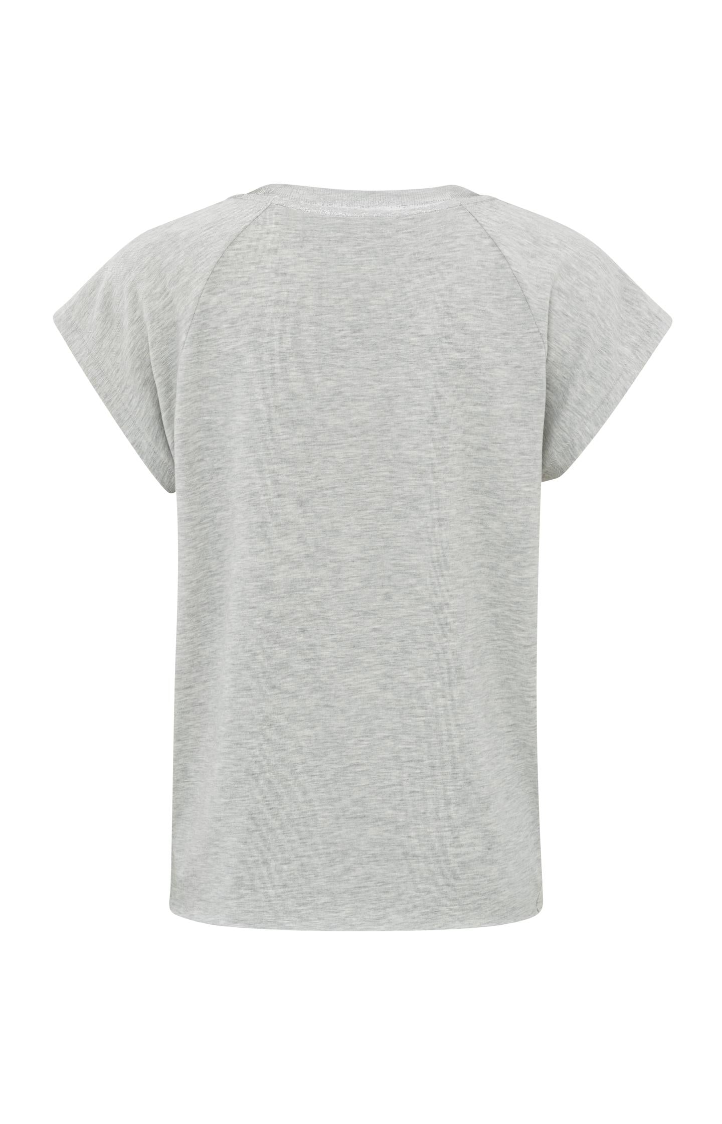 Light gray jersey top with round neck and metallic detail