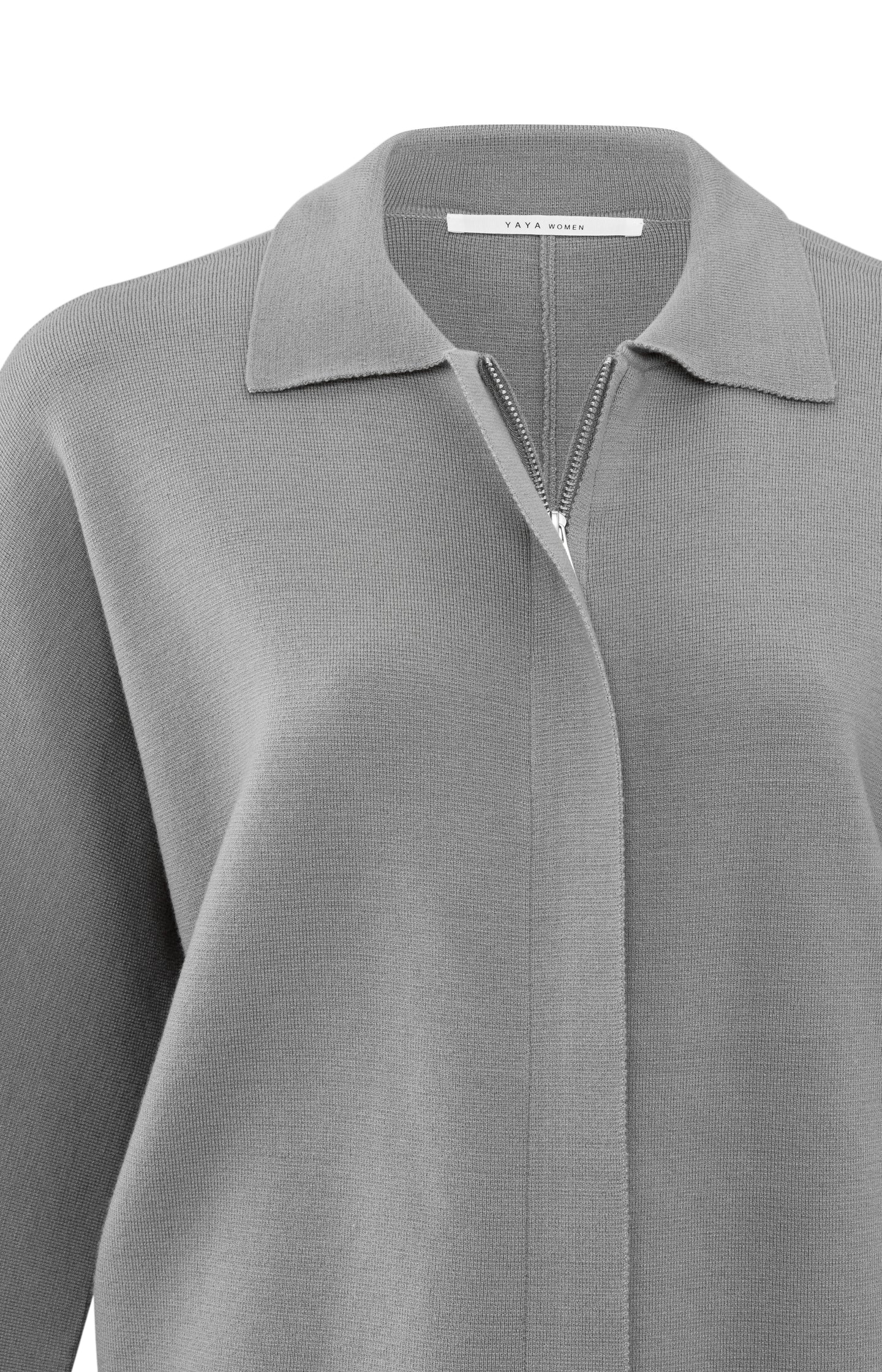 Light grey cardigan with long sleeves and hidden zipper